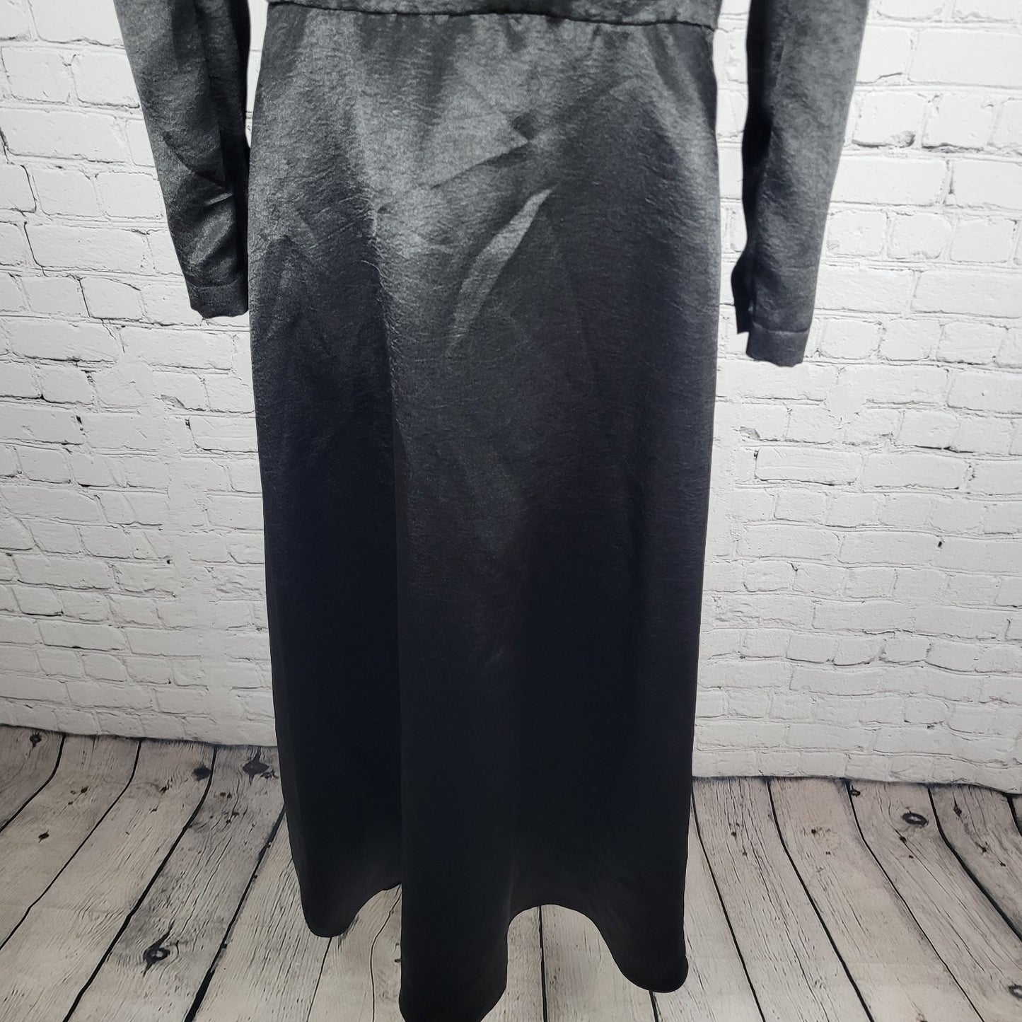 Lika Steel Black Satin Puff Long Sleeve Plunge A Line Maxi Dress Size Small S