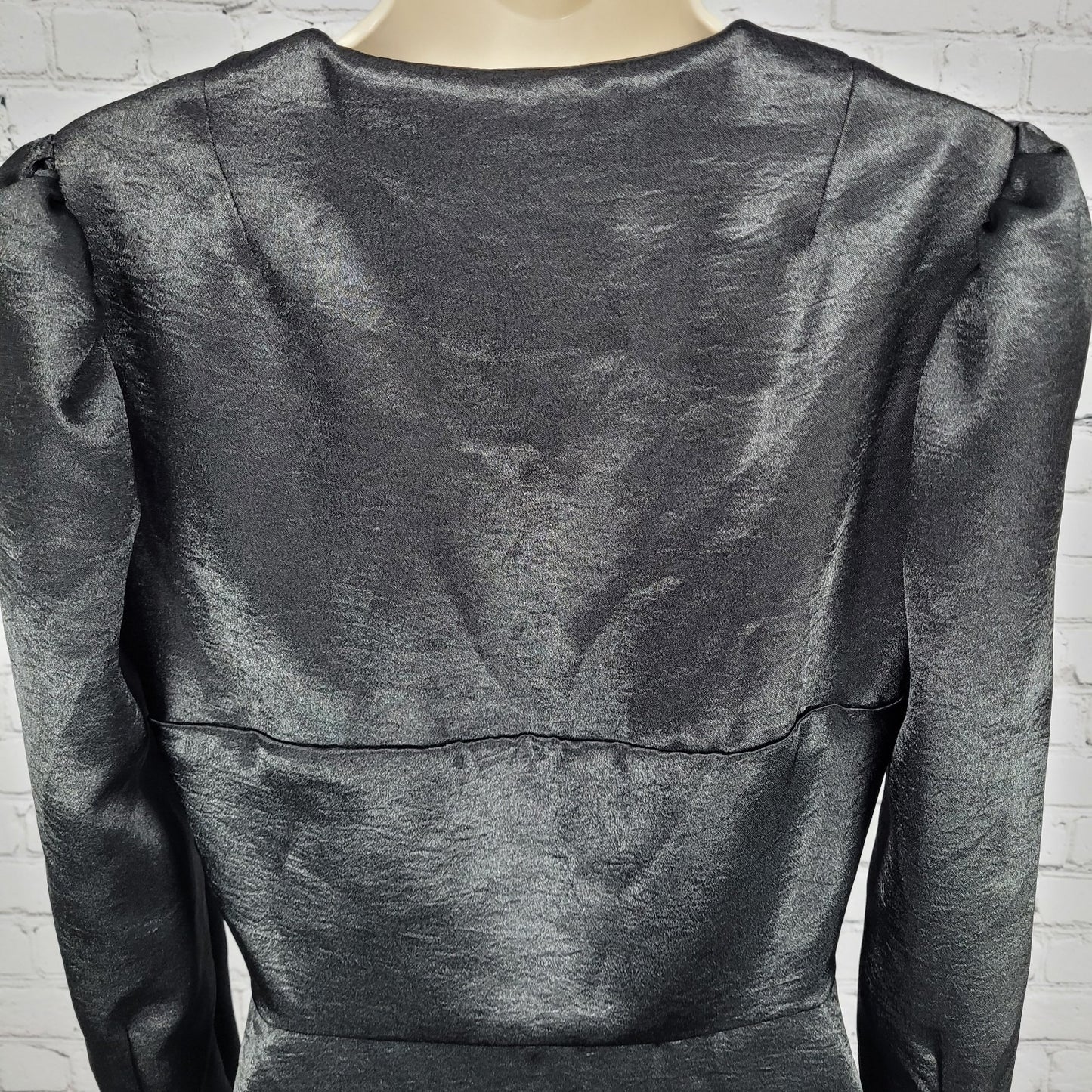 Lika Steel Black Satin Puff Long Sleeve Plunge A Line Maxi Dress Size Small S