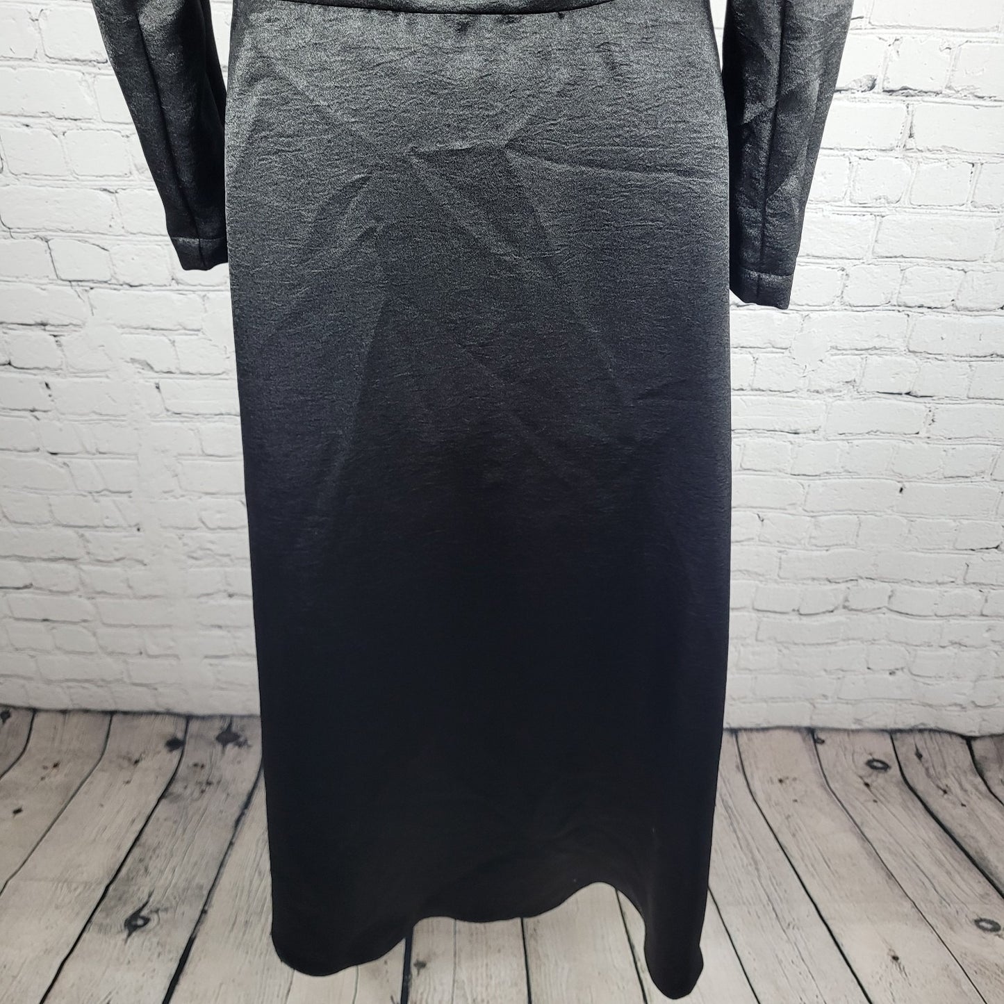 Lika Steel Black Satin Puff Long Sleeve Plunge A Line Maxi Dress Size Small S
