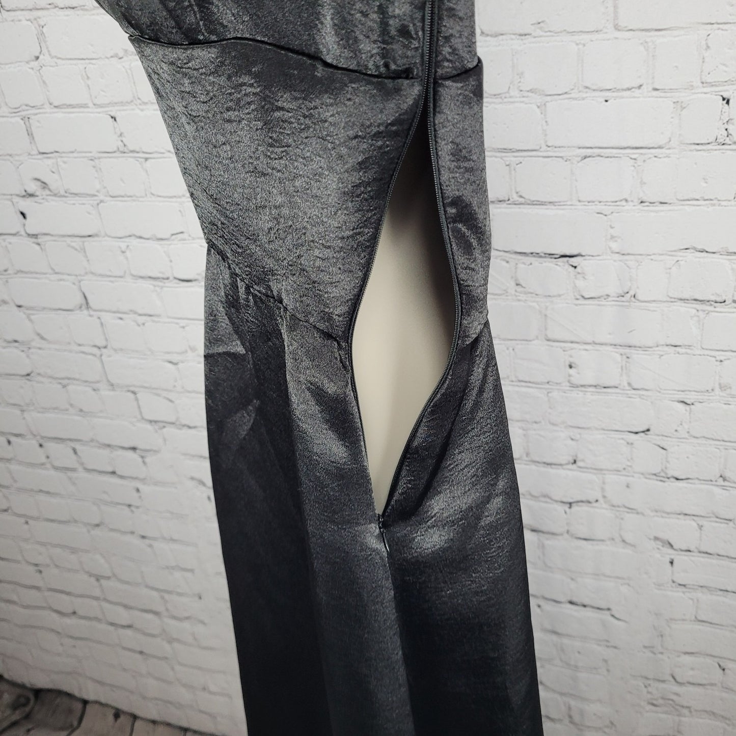Lika Steel Black Satin Puff Long Sleeve Plunge A Line Maxi Dress Size Small S