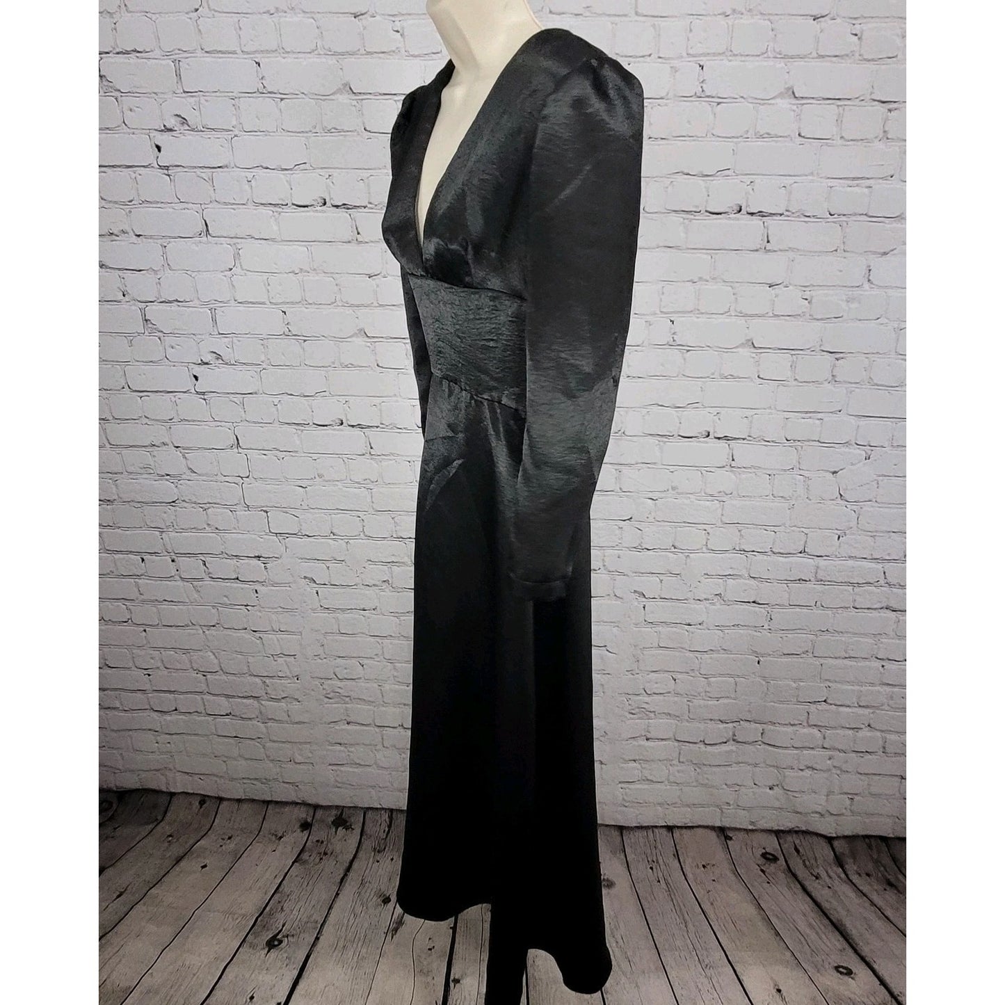 Lika Steel Black Satin Puff Long Sleeve Plunge A Line Maxi Dress Size Small S