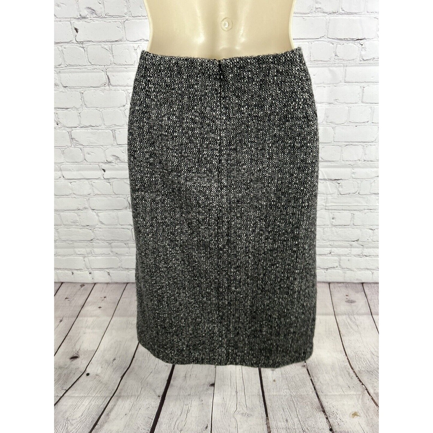 Eddie Bauer Wool Blend Black White Line Back Zip Midi Pencil Skirt 14 Tall