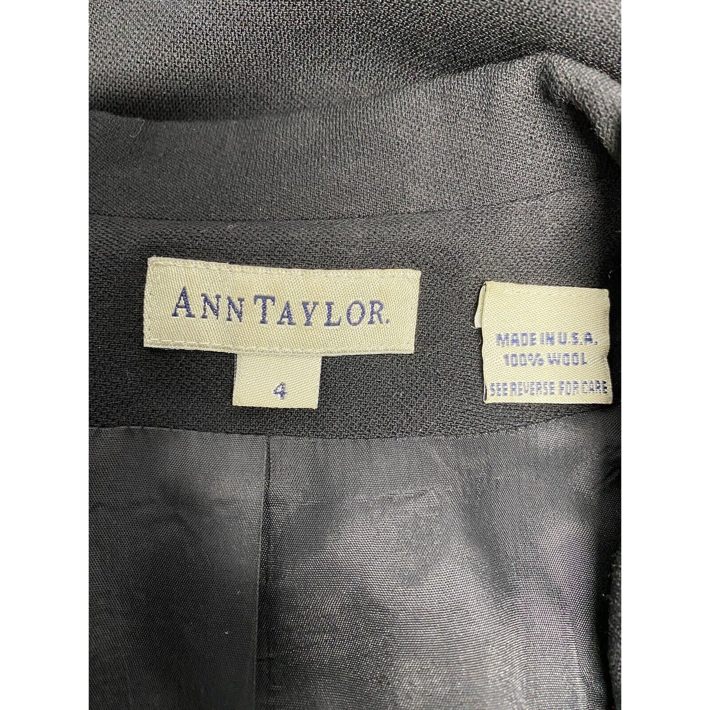 Ann Taylor Black 100% Wool Double Breasted Peak Lapel Blazer Jacket Womens 4