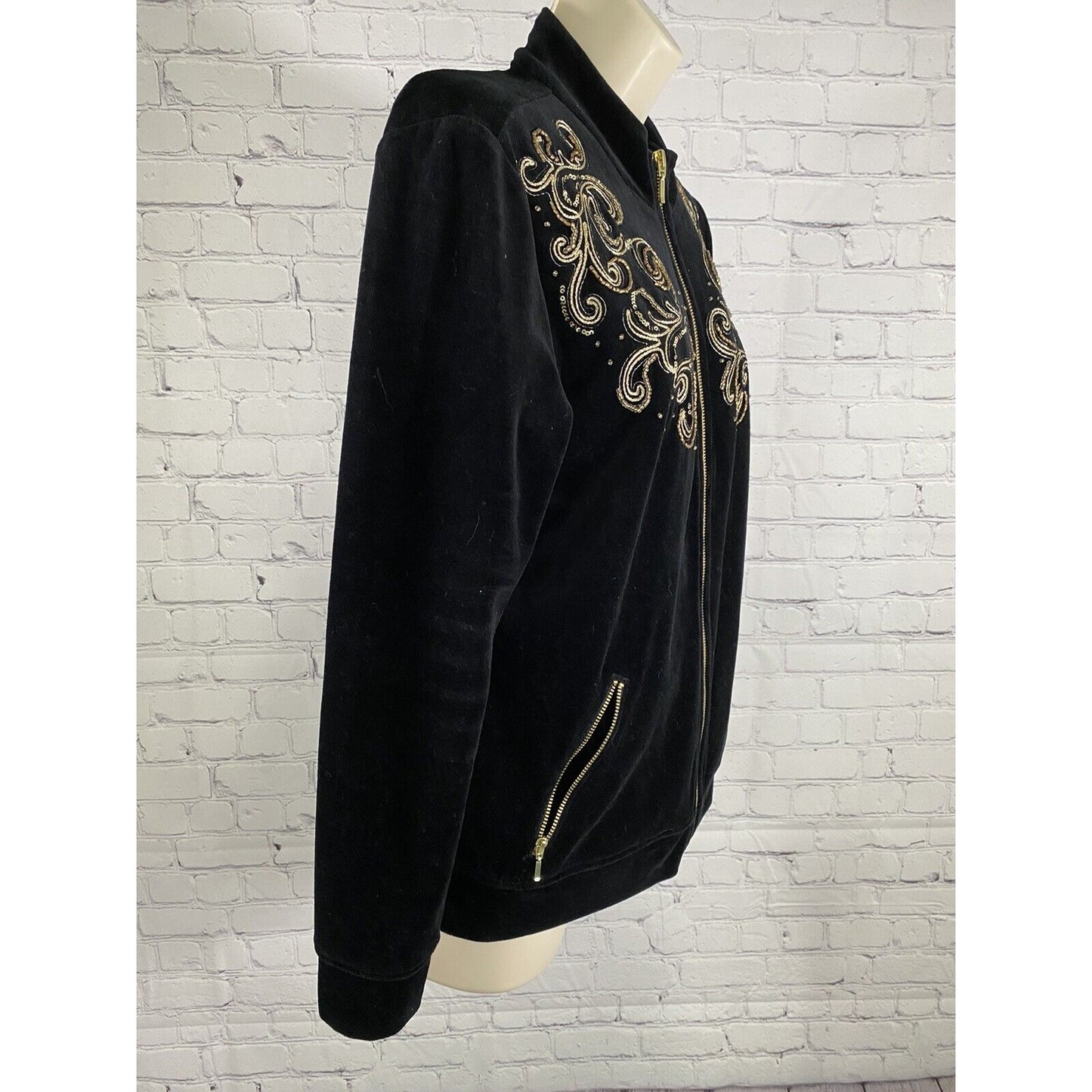 Zenergy By Chicos Black Embroidered Beaded Sequined Full Zip Jacket Womens M