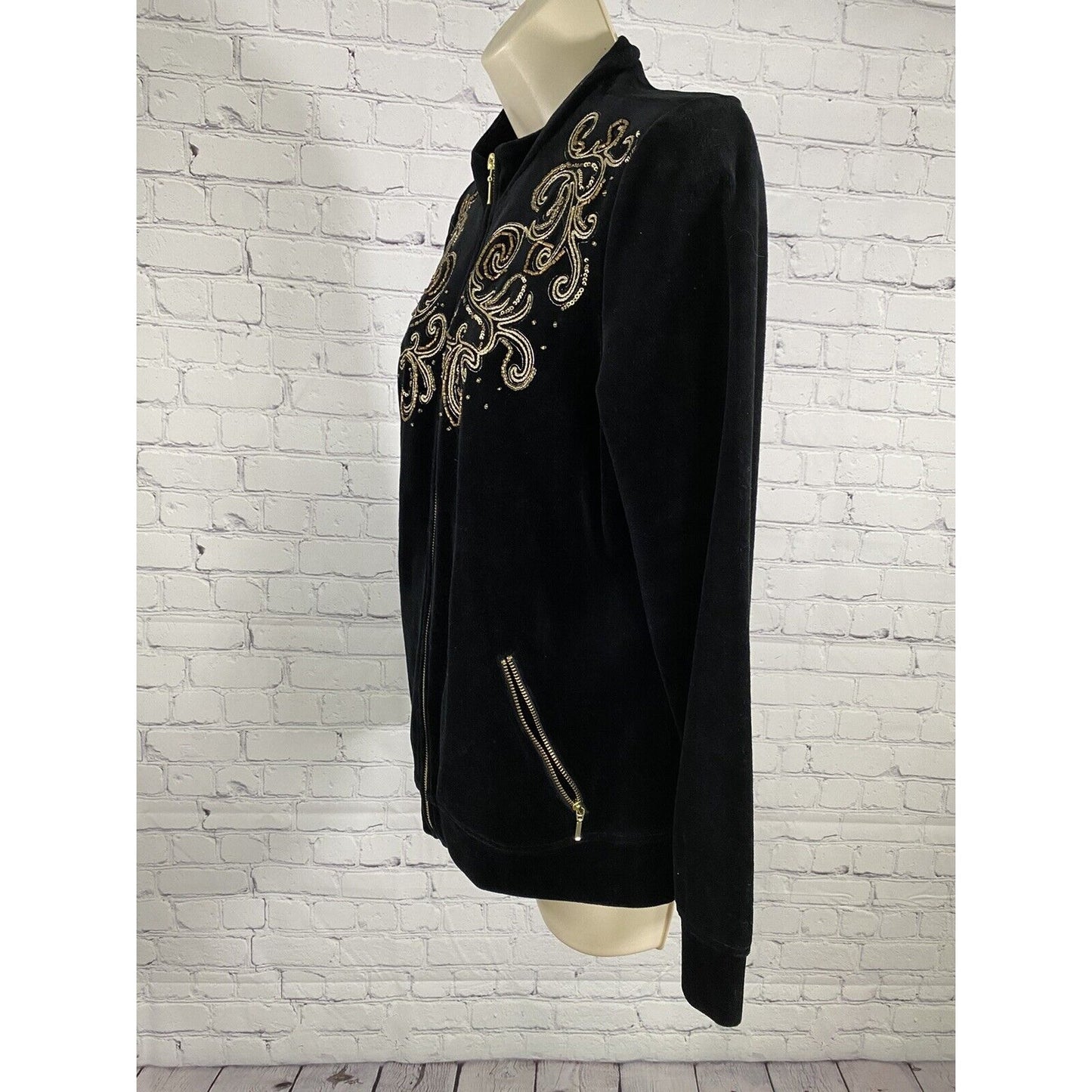 Zenergy By Chicos Black Embroidered Beaded Sequined Full Zip Jacket Womens M