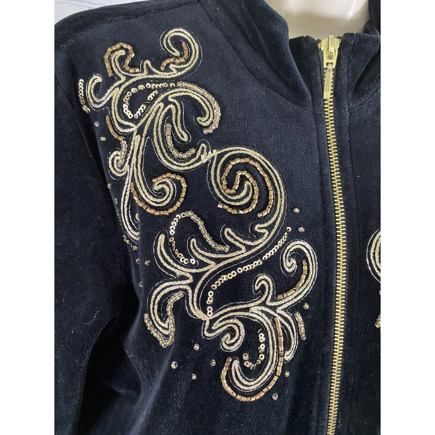 Zenergy By Chicos Black Embroidered Beaded Sequined Full Zip Jacket Womens M