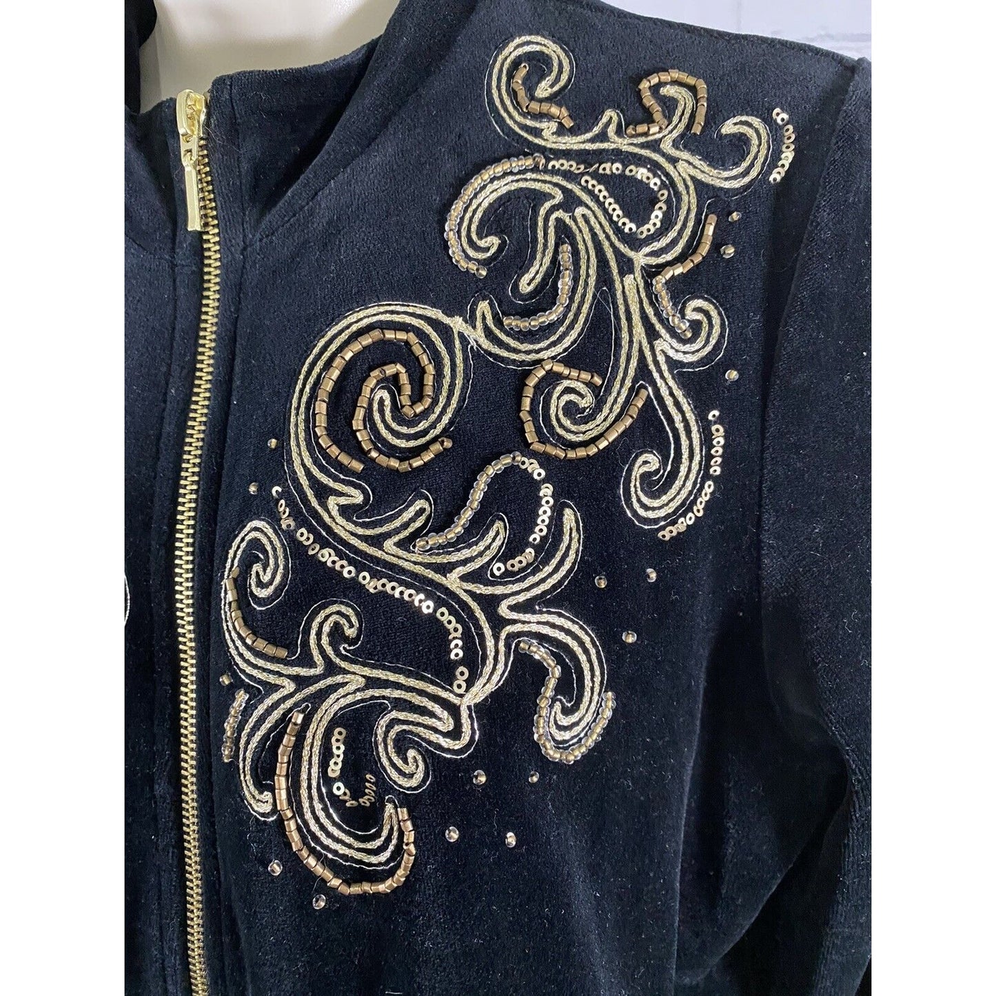 Zenergy By Chicos Black Embroidered Beaded Sequined Full Zip Jacket Womens M