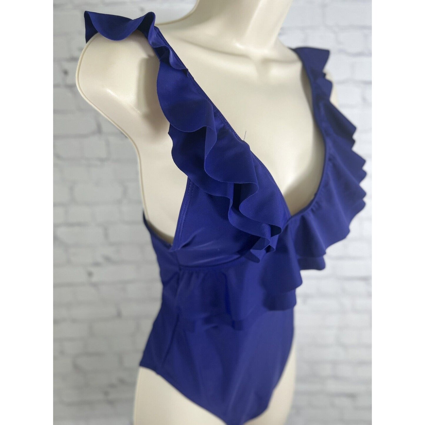 Unbranded Women’s Ruffled Deep V Neck Blue One Piece Swimsuit Lightly Padded S