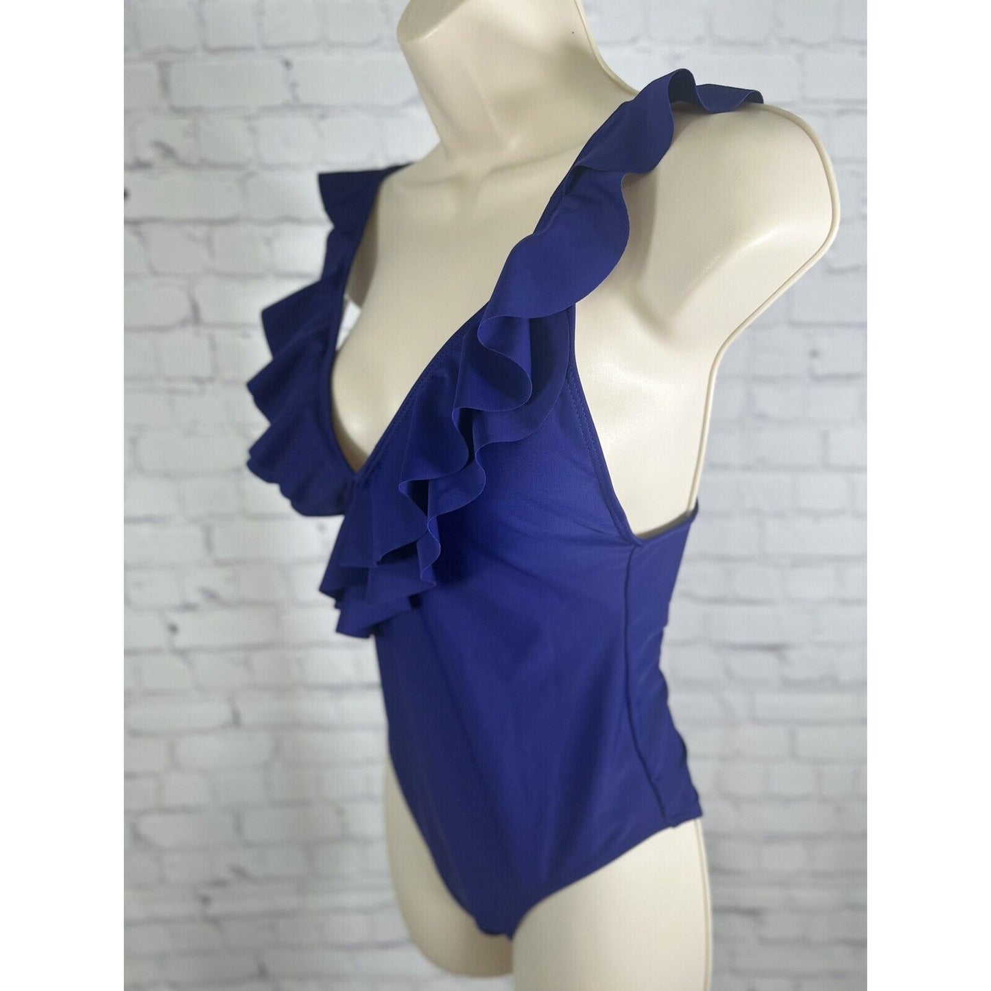 Unbranded Women’s Ruffled Deep V Neck Blue One Piece Swimsuit Lightly Padded S