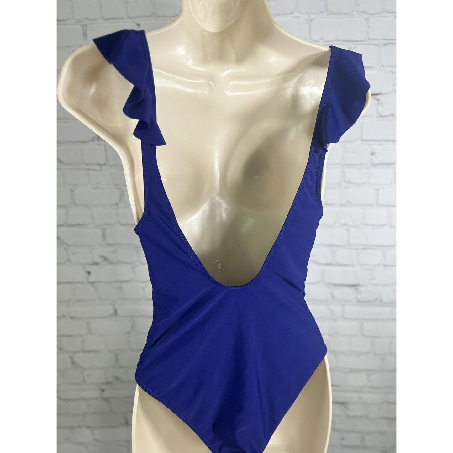 Unbranded Women’s Ruffled Deep V Neck Blue One Piece Swimsuit Lightly Padded S