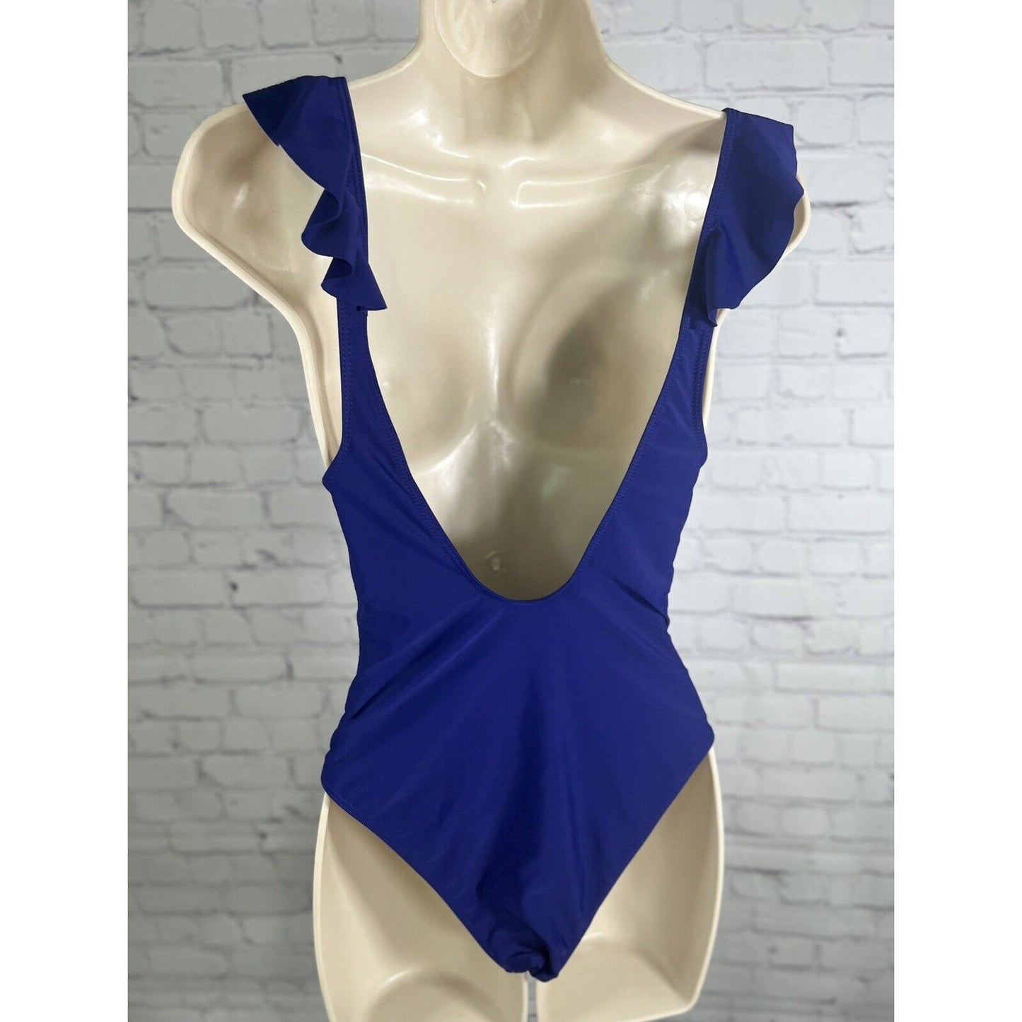 Unbranded Women’s Ruffled Deep V Neck Blue One Piece Swimsuit Lightly Padded S