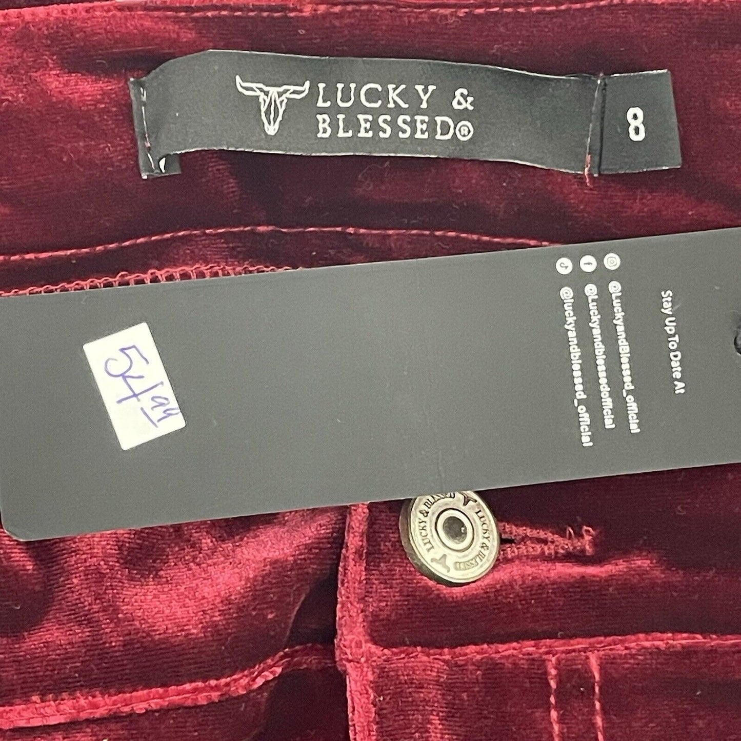 NWT Lucky & Blessed Red Velvet High Waist Flare Fit Butt Shaping Size 8 (31x34)