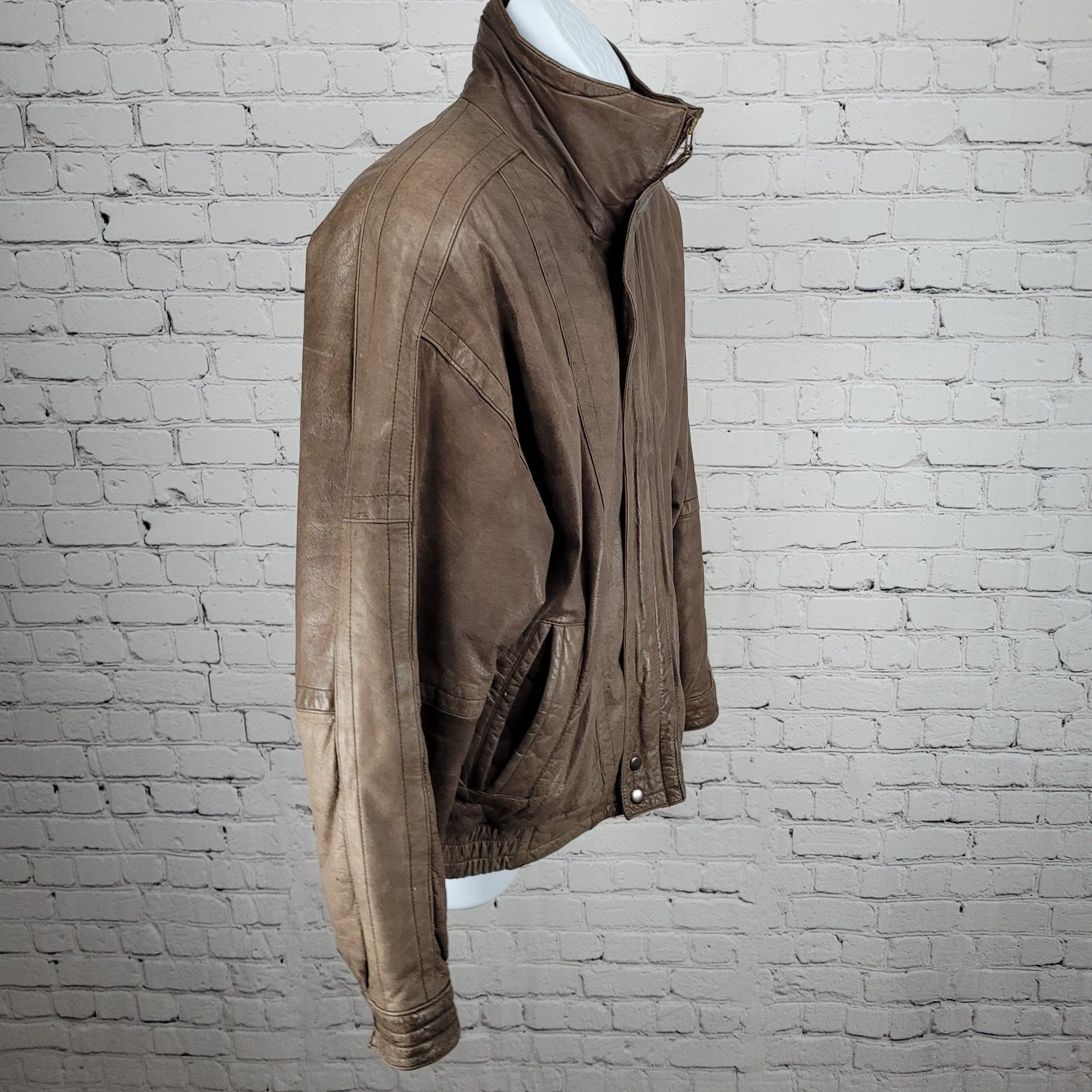 VTG Aggio Brown Genuine Soft Leather Full Zip Snap Pockets Bomber Jacket Large L