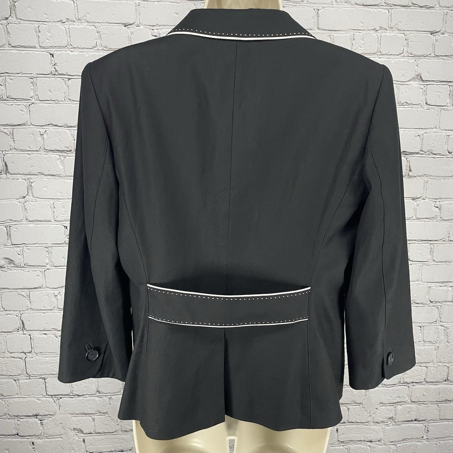 Ann Taylor Black Cotton White Trim Stitch 3 Button Blazer Jacket Stretch Size 8