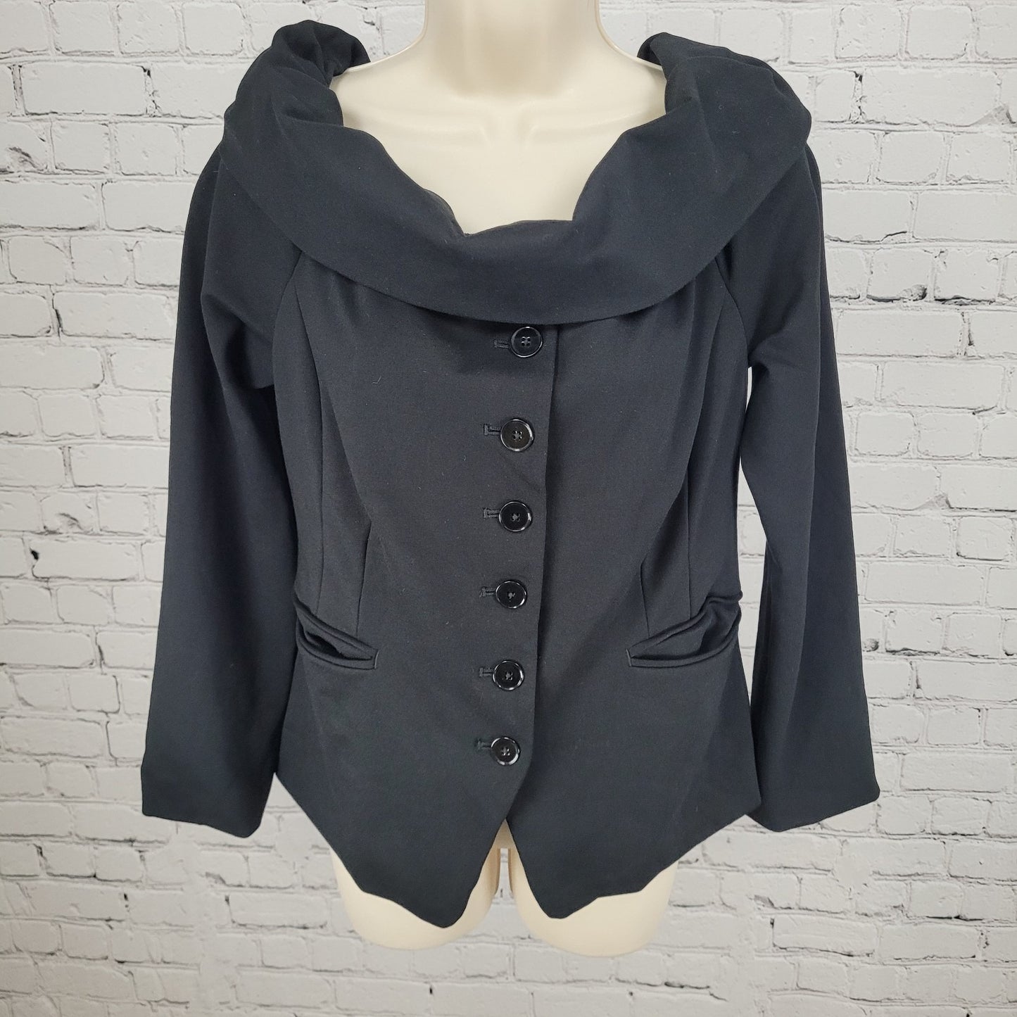 Maeve Anthropologie Black Stretch Buttoned Off Shoulder Blazer Jacket Size 10