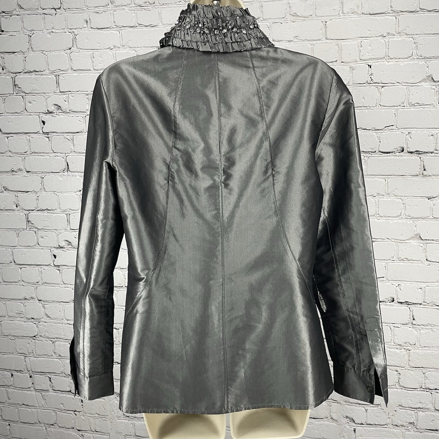 Lafayette 148 Grey Metallic 100% Silk Button Embellished Collar Shirt 8 *tear