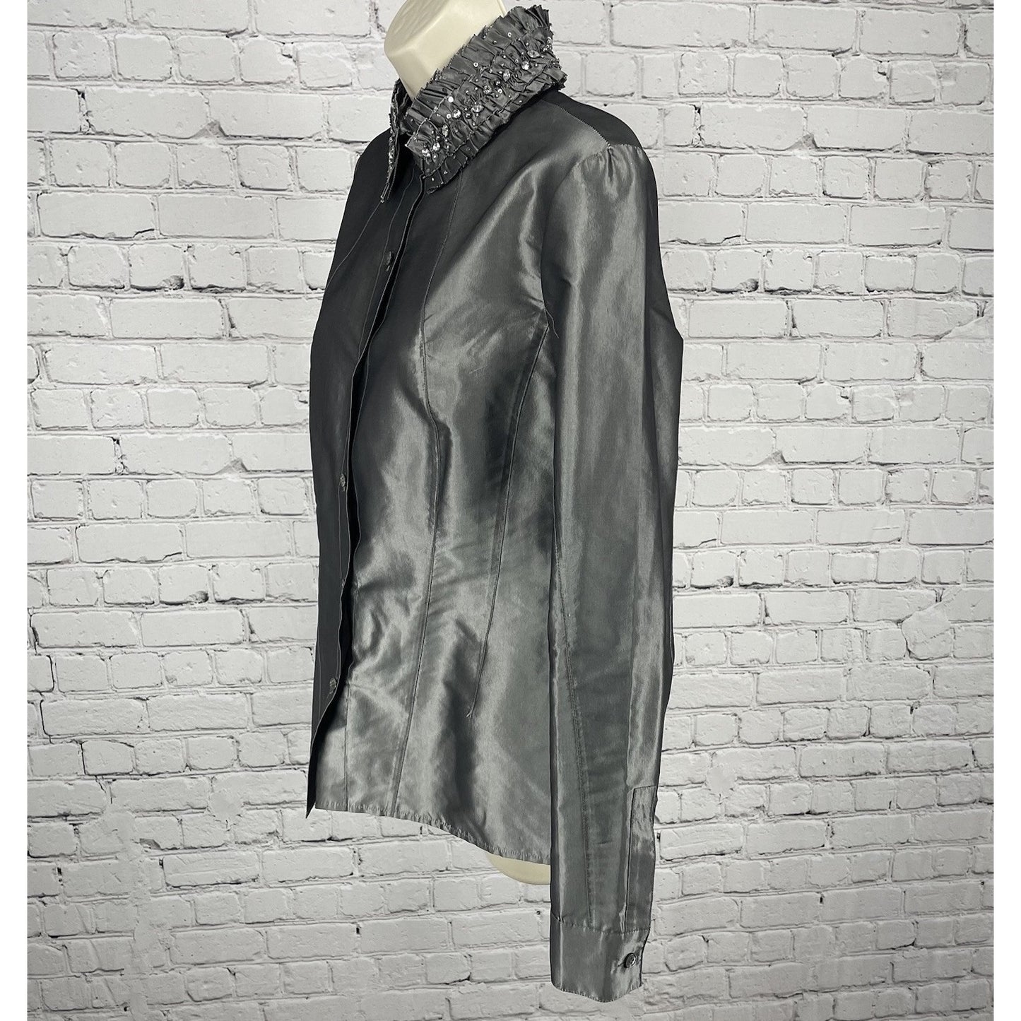 Lafayette 148 Grey Metallic 100% Silk Button Embellished Collar Shirt 8 *tear