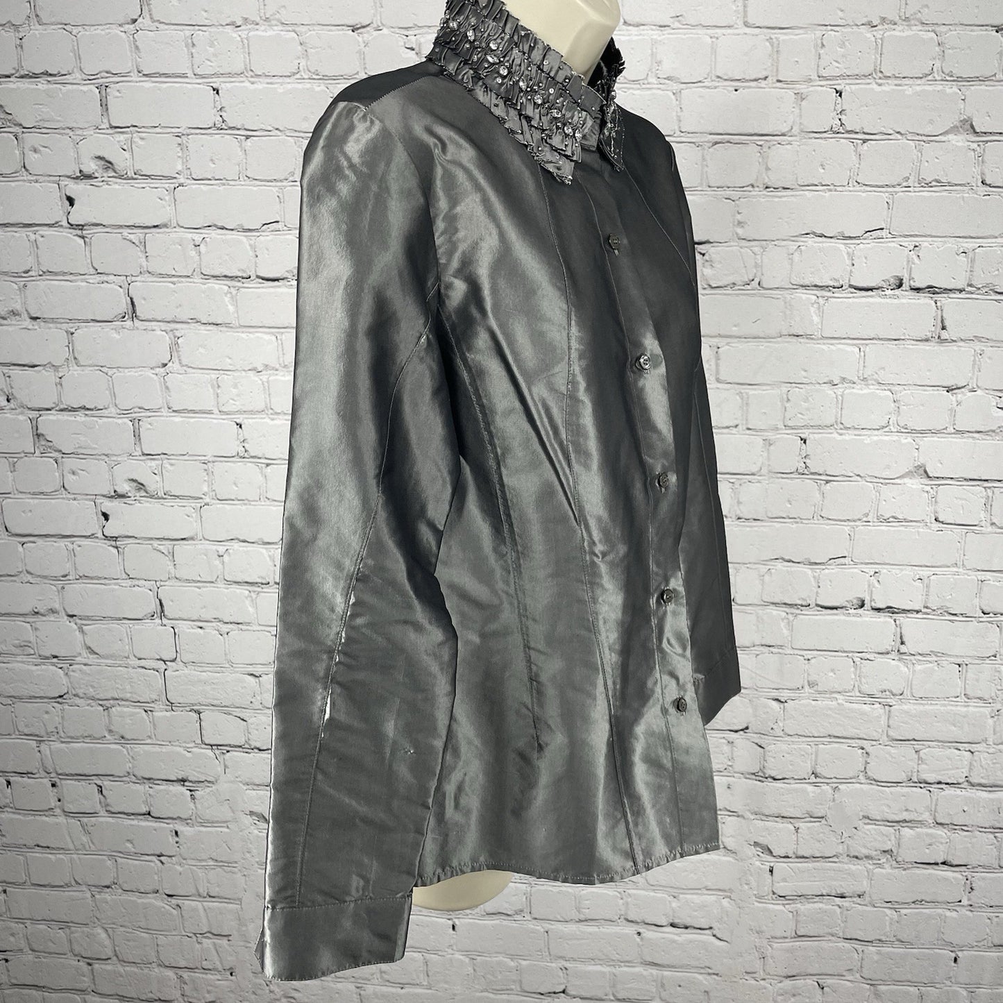 Lafayette 148 Grey Metallic 100% Silk Button Embellished Collar Shirt 8 *tear