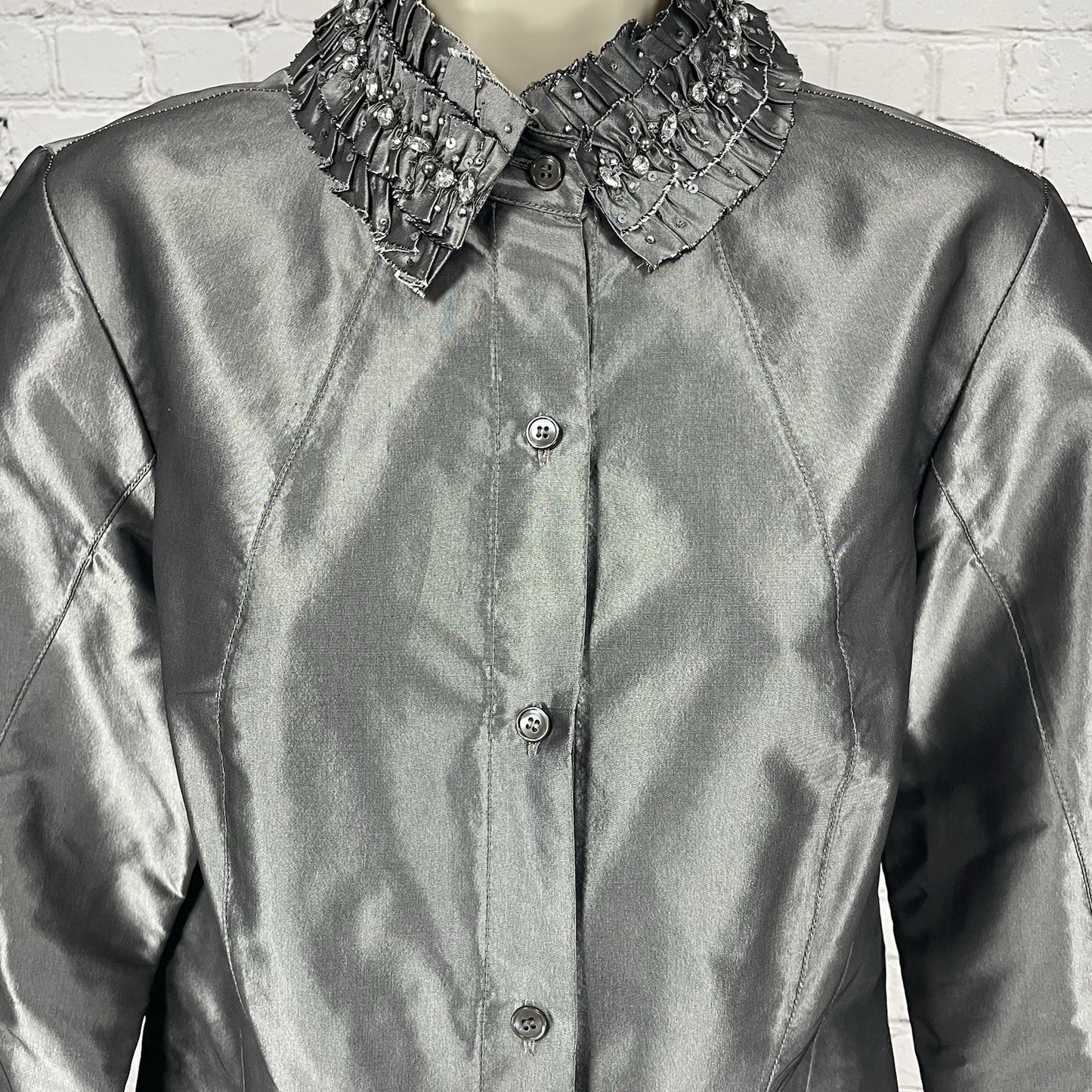 Lafayette 148 Grey Metallic 100% Silk Button Embellished Collar Shirt 8 *tear