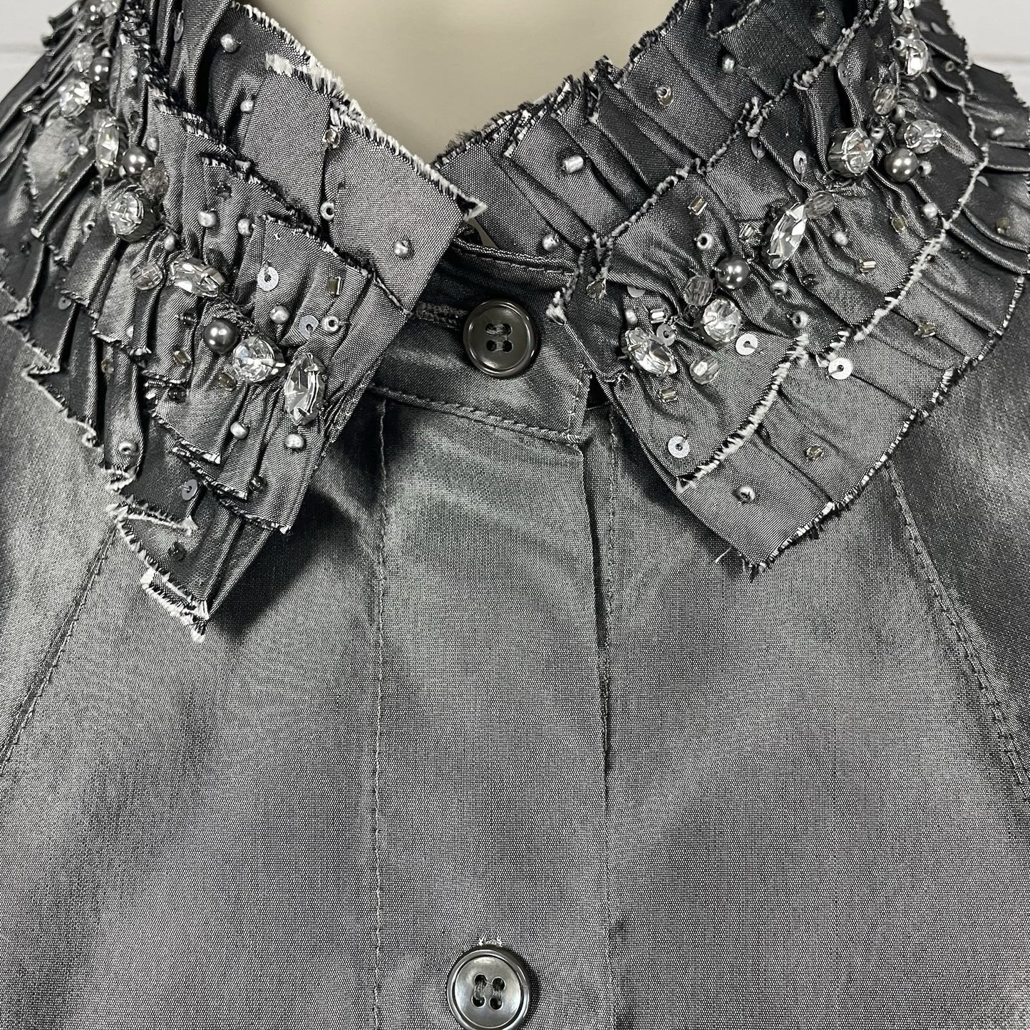 Lafayette 148 Grey Metallic 100% Silk Button Embellished Collar Shirt 8 *tear