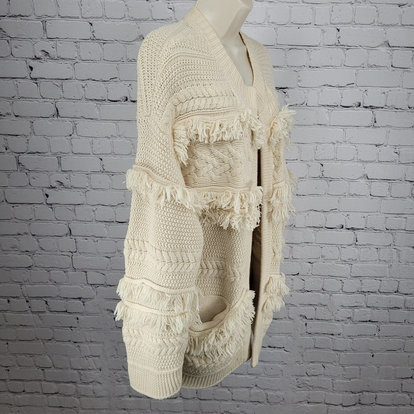 Madewell Beige Chunky Cable Knit Fringe Open Cardigan Sweater Size Medium M