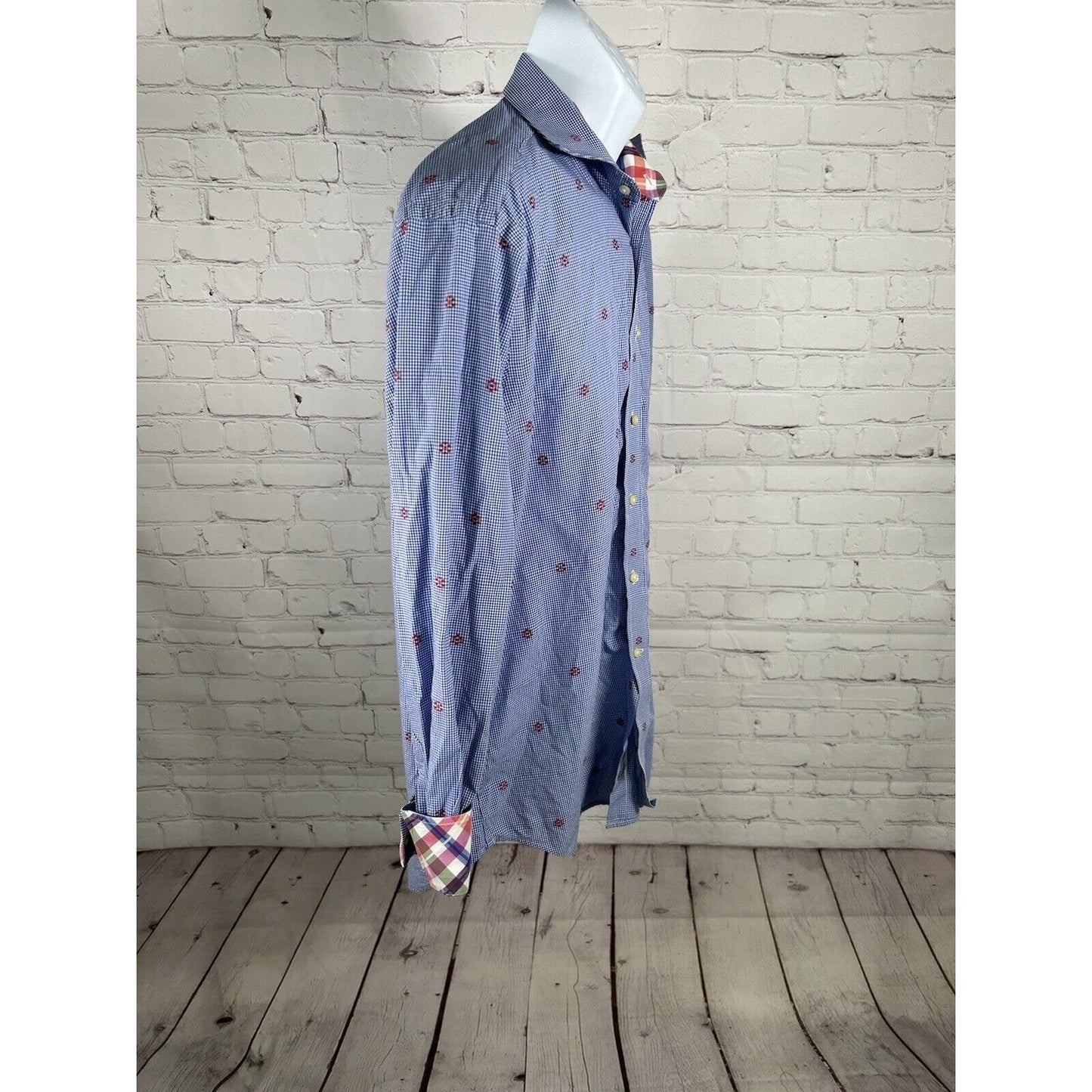 TD Thomas Dean Blue White Plaid Red Embroidered Long Sleeve Button Up Shirt L