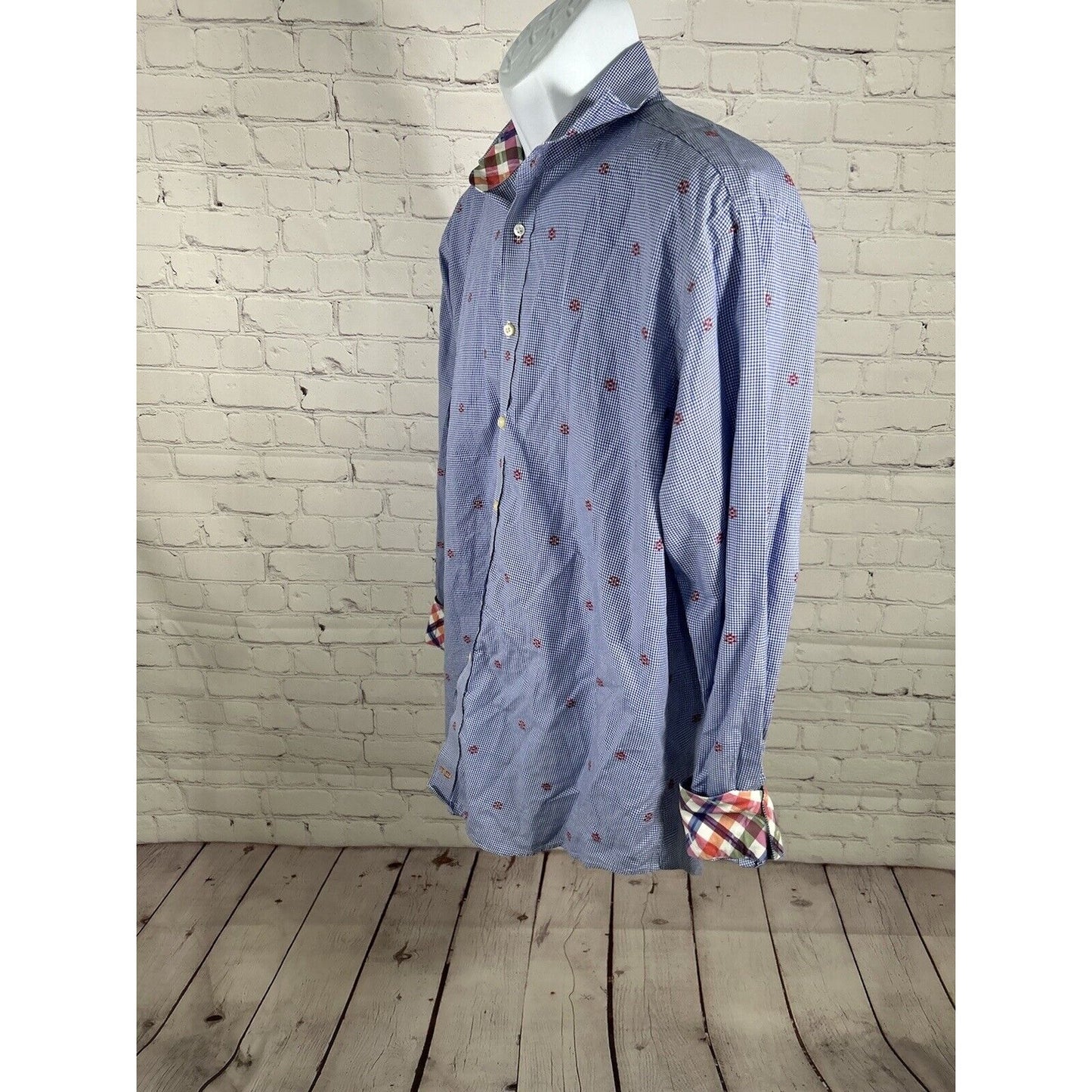 TD Thomas Dean Blue White Plaid Red Embroidered Long Sleeve Button Up Shirt L