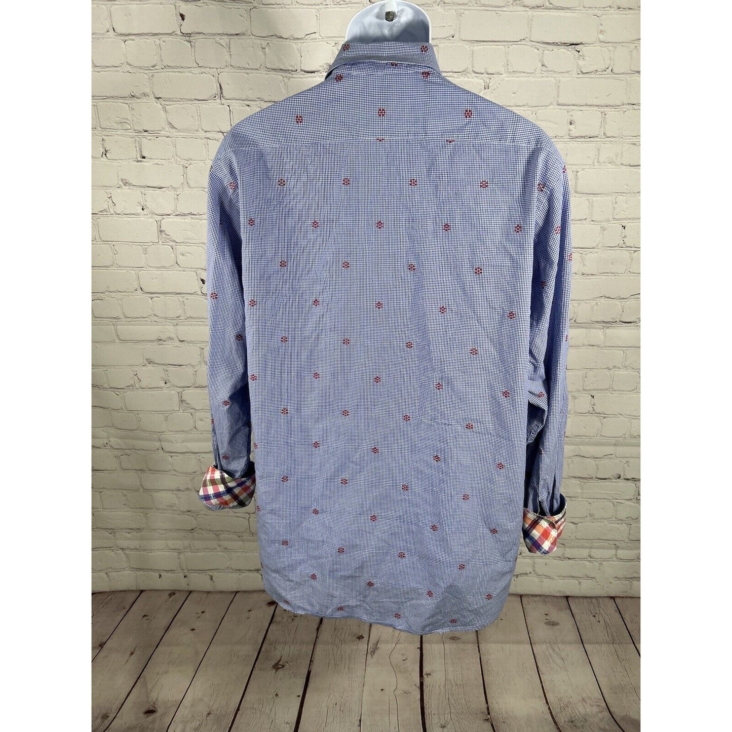 TD Thomas Dean Blue White Plaid Red Embroidered Long Sleeve Button Up Shirt L