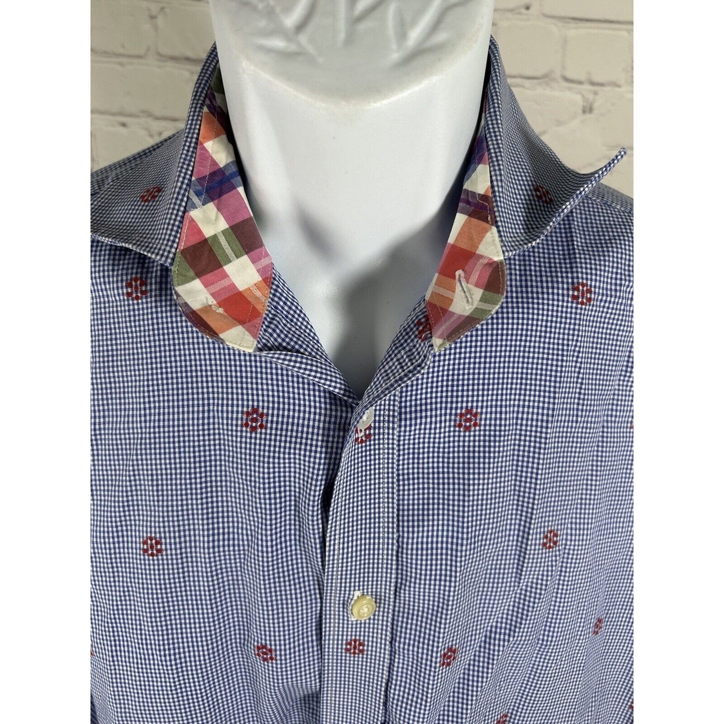 TD Thomas Dean Blue White Plaid Red Embroidered Long Sleeve Button Up Shirt L