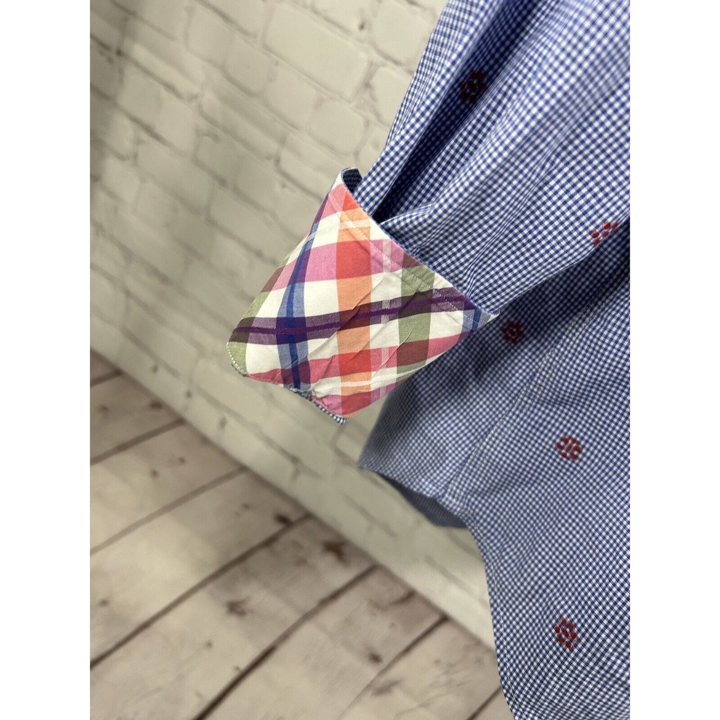 TD Thomas Dean Blue White Plaid Red Embroidered Long Sleeve Button Up Shirt L