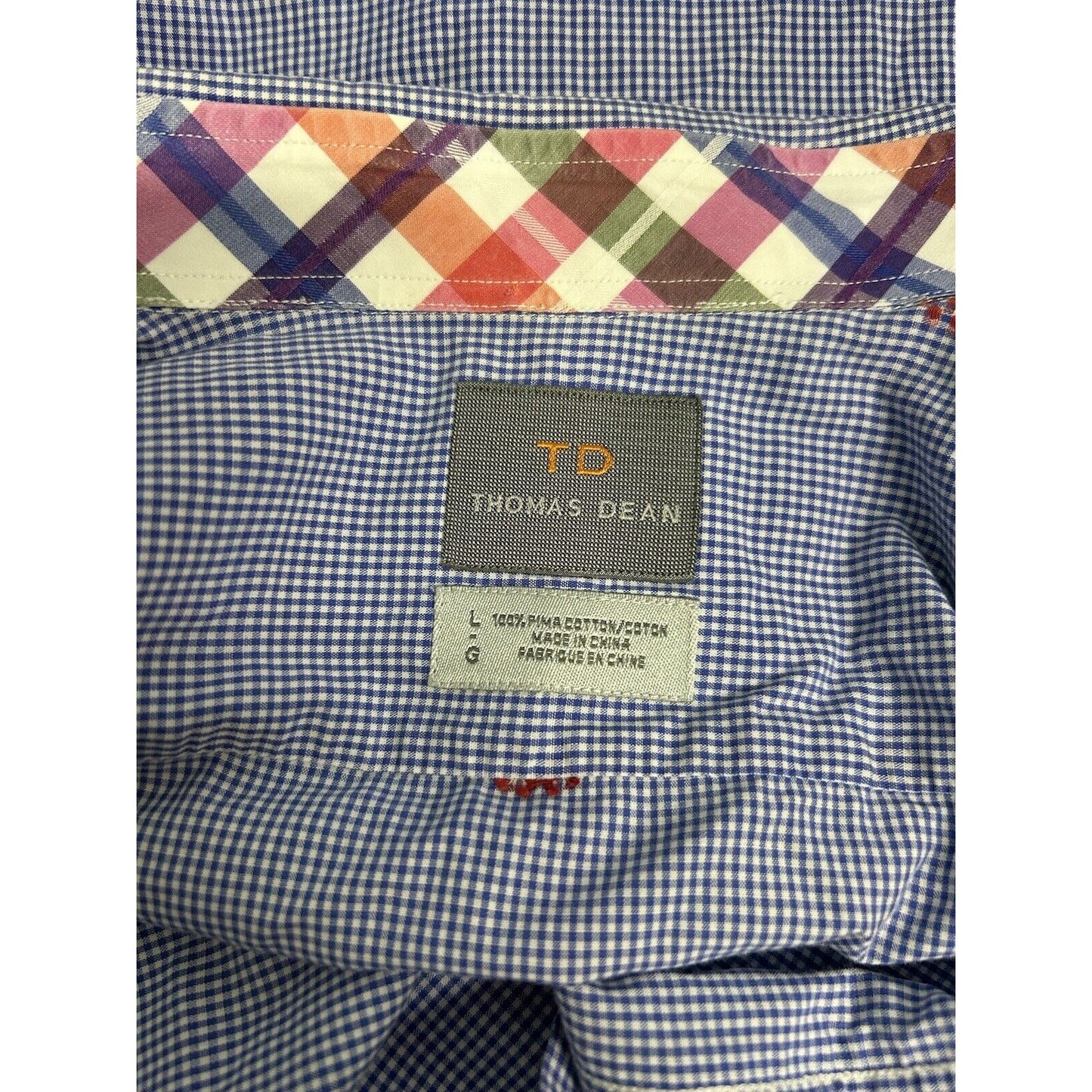 TD Thomas Dean Blue White Plaid Red Embroidered Long Sleeve Button Up Shirt L