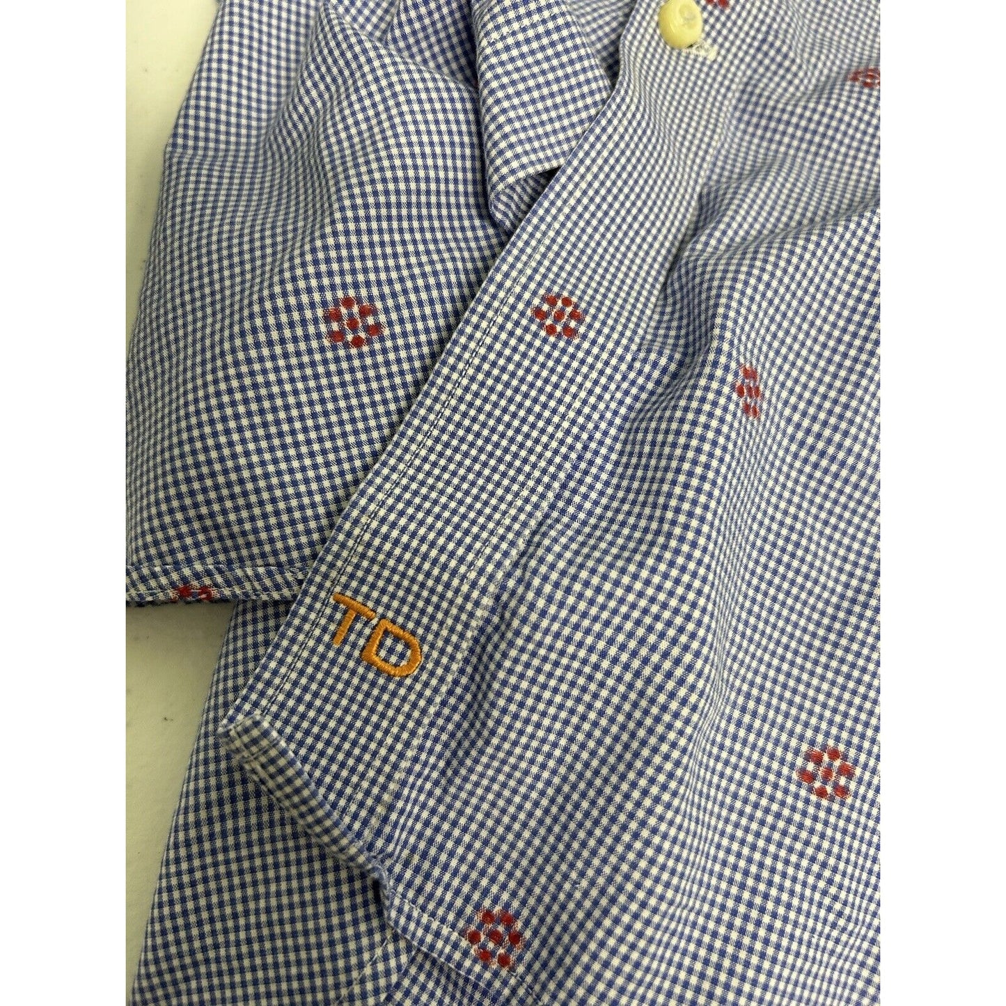 TD Thomas Dean Blue White Plaid Red Embroidered Long Sleeve Button Up Shirt L