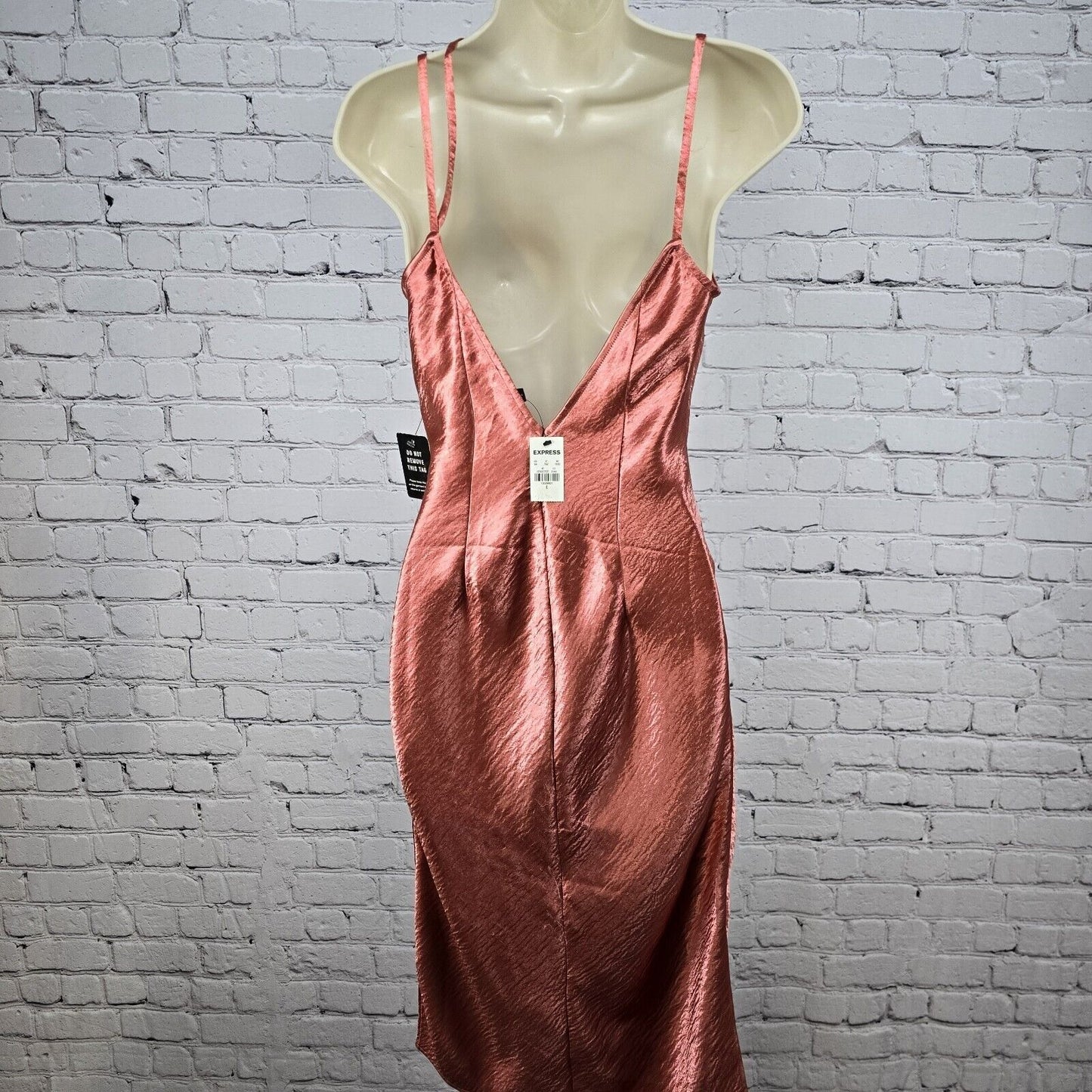 NWD Express Metallic Rose Gold Cocktail Slip Dress Strappy Chest Side Slits Sz 0