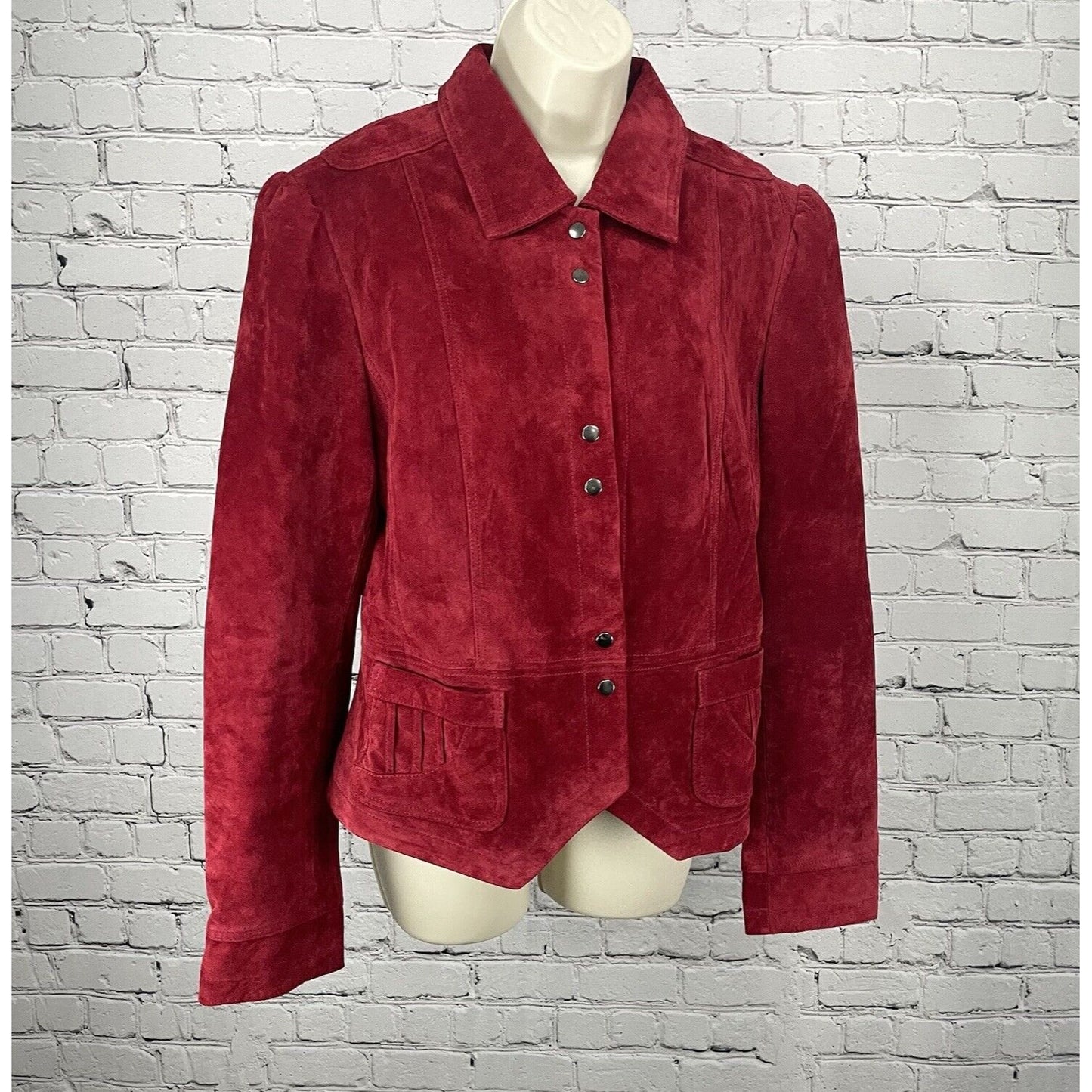 Saguardo Red Leather Suede Jacket Snap Puff Sleeve Pocket Lined Size Large L