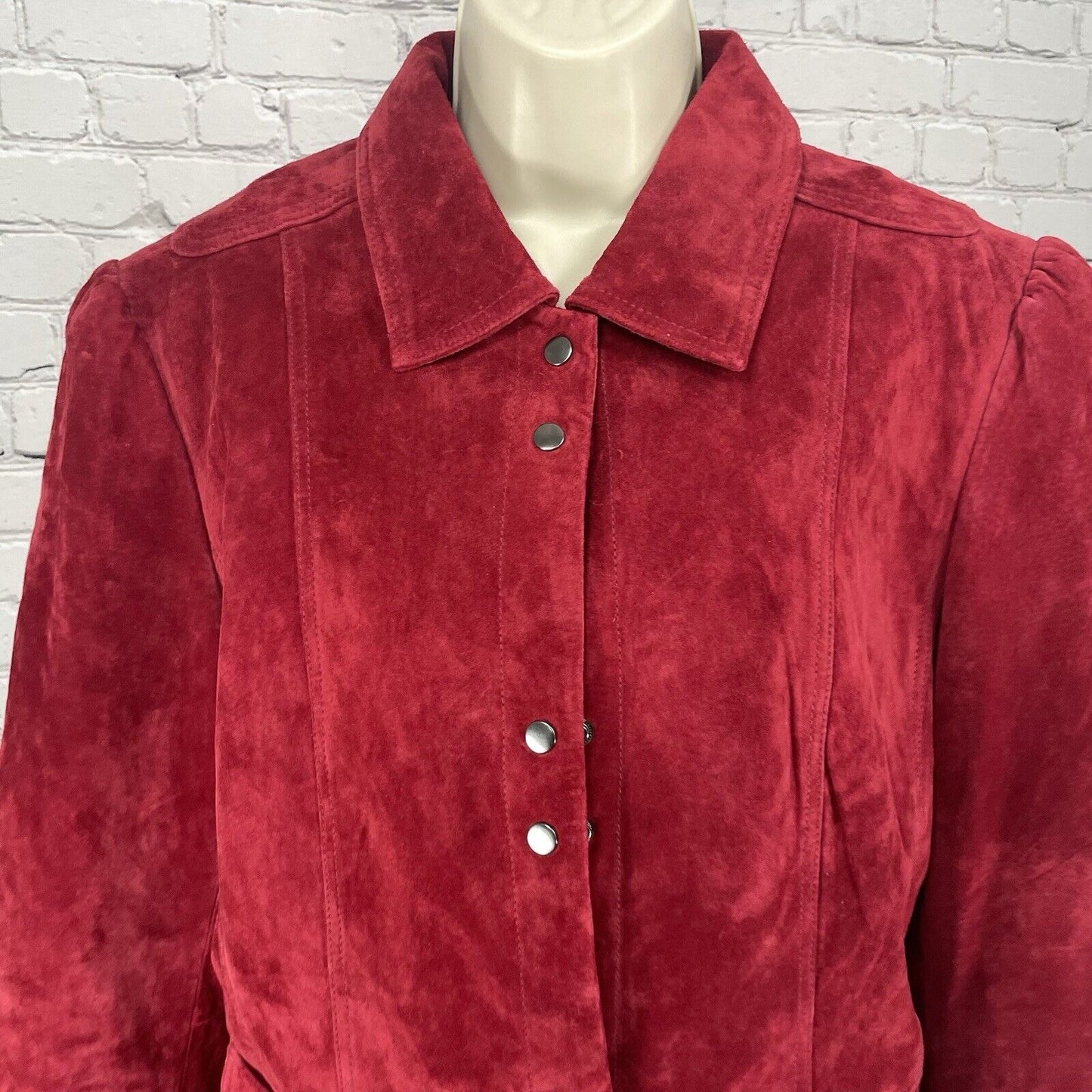 Saguardo Red Leather Suede Jacket Snap Puff Sleeve Pocket Lined Size Large L