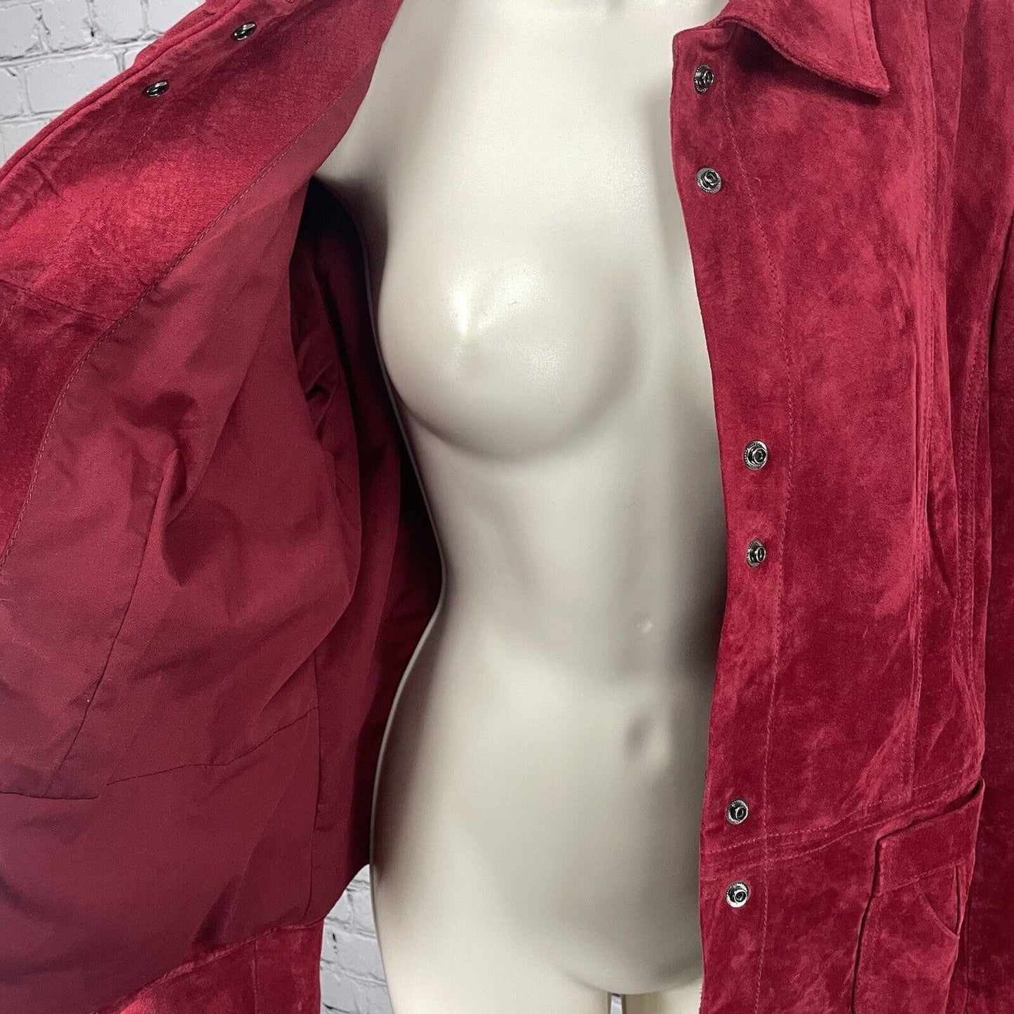 Saguardo Red Leather Suede Jacket Snap Puff Sleeve Pocket Lined Size Large L