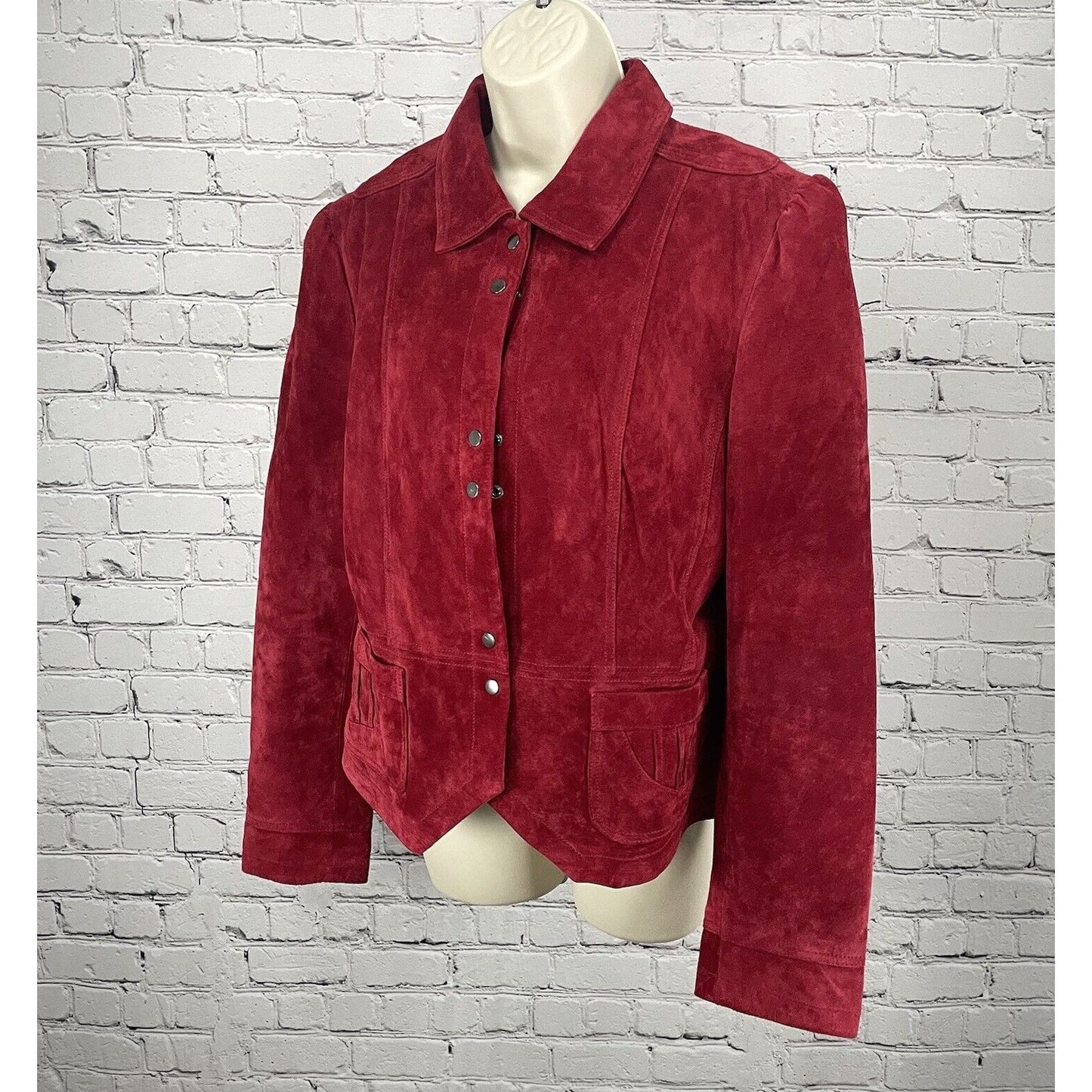 Saguardo Red Leather Suede Jacket Snap Puff Sleeve Pocket Lined Size Large L