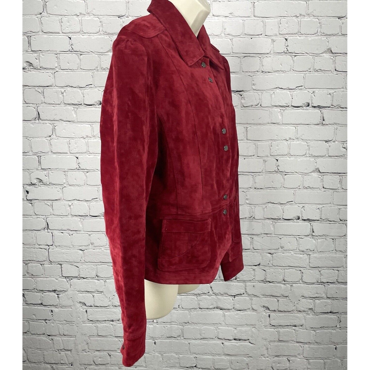 Saguardo Red Leather Suede Jacket Snap Puff Sleeve Pocket Lined Size Large L