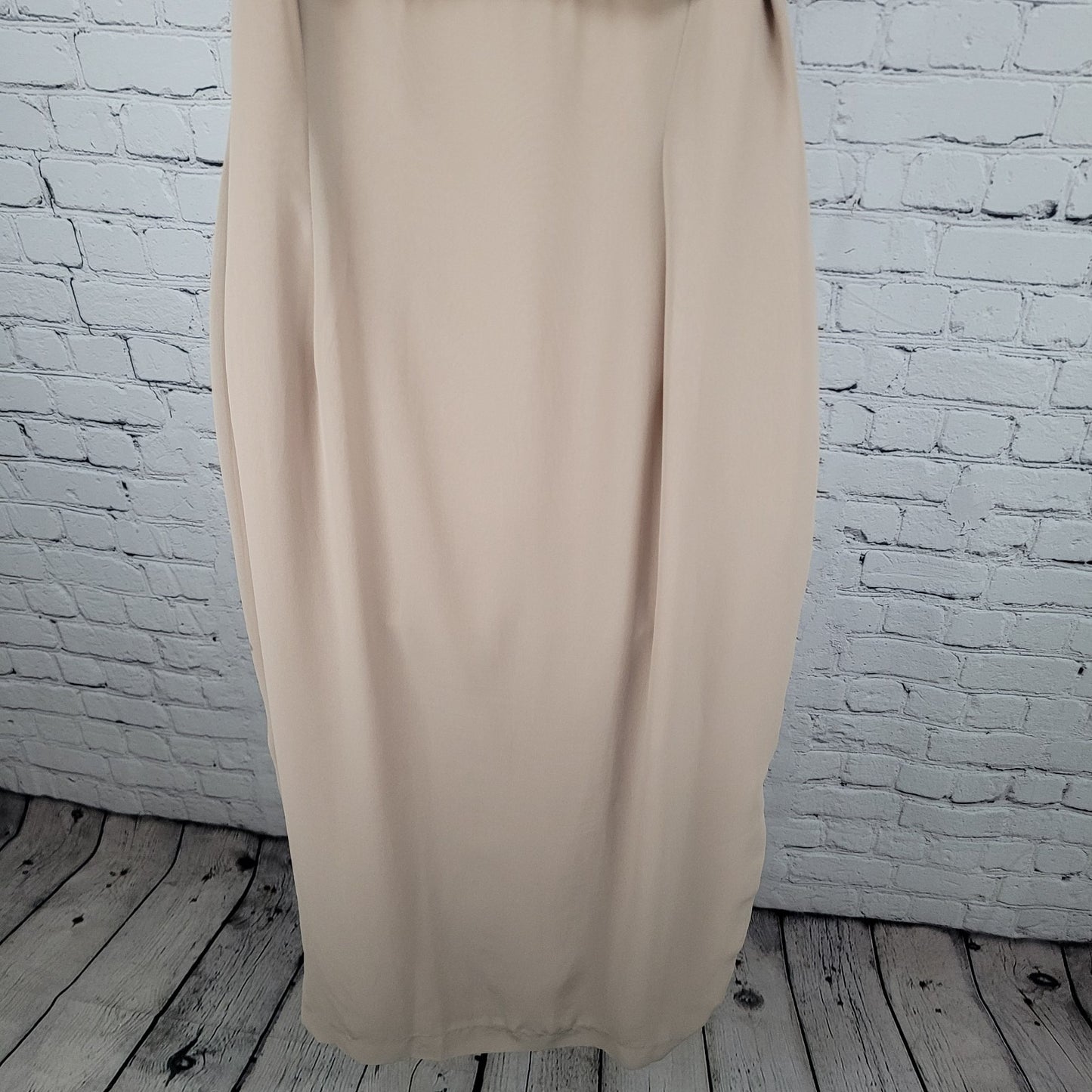 Savvy Ivory & Tan Chiffon Belted Flutter Sleeve Side Slit Midi Dress Size US 8