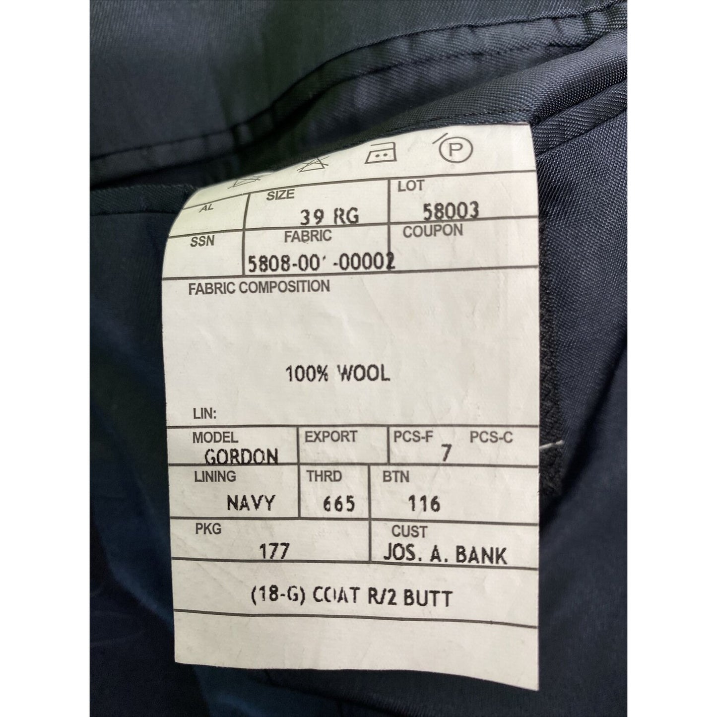 Jos A Bank Gordon Solid Black 100% Wool 2 Button Jacket Blazer 39R