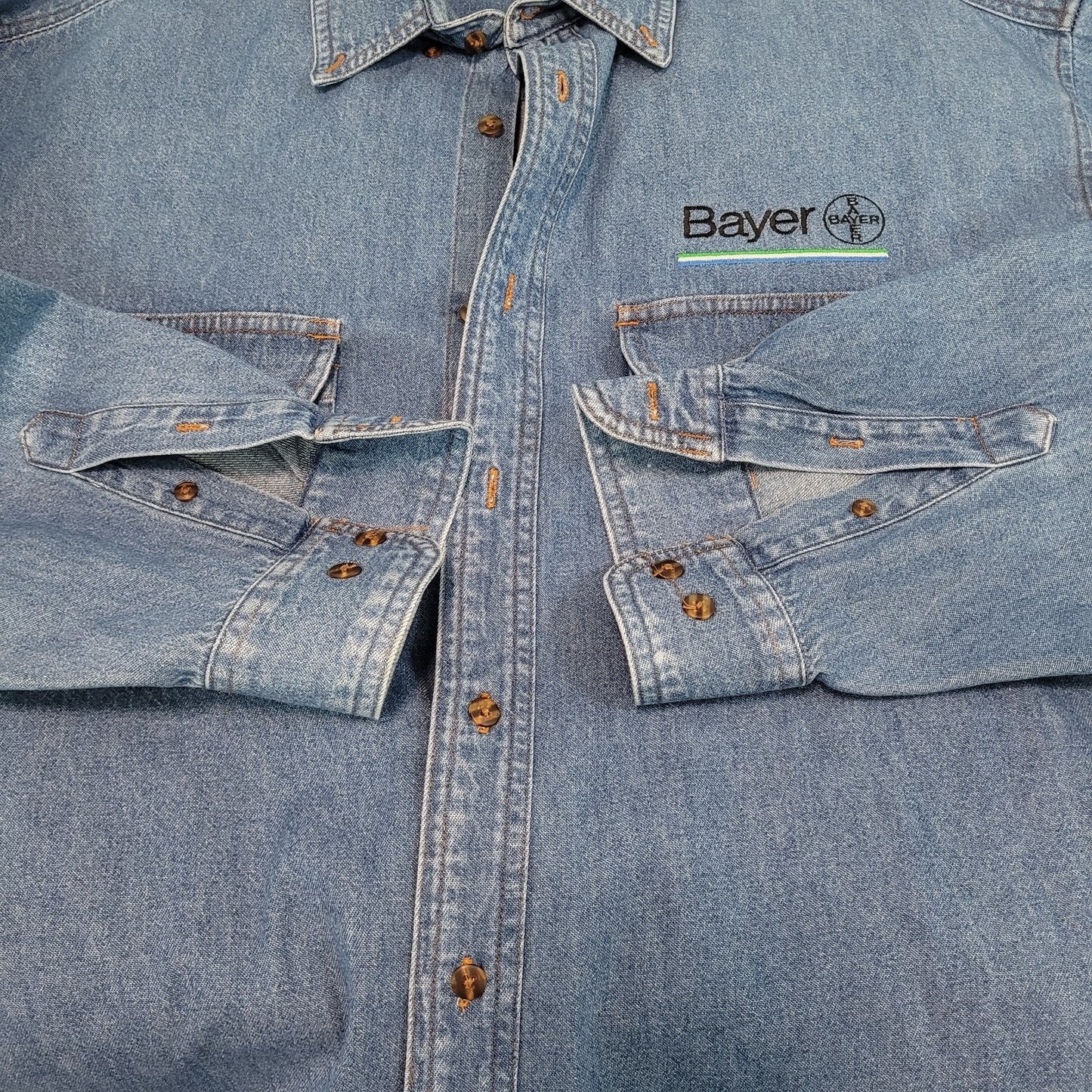 Bayer Aspirin Pharmaceuticals Blue Cotton Denim Long Sleeve Button Down Shirt XL