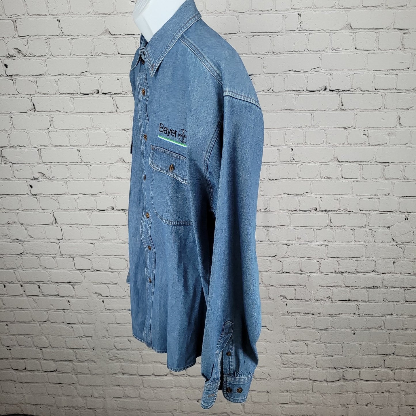 Bayer Aspirin Pharmaceuticals Blue Cotton Denim Long Sleeve Button Down Shirt XL