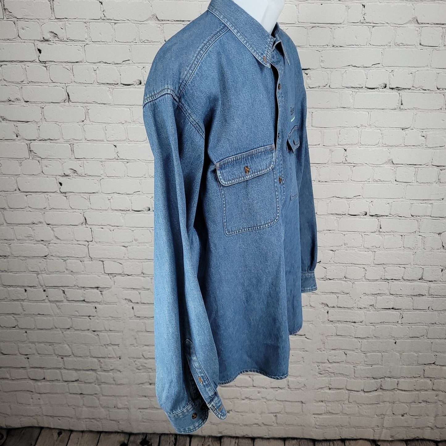 Bayer Aspirin Pharmaceuticals Blue Cotton Denim Long Sleeve Button Down Shirt XL