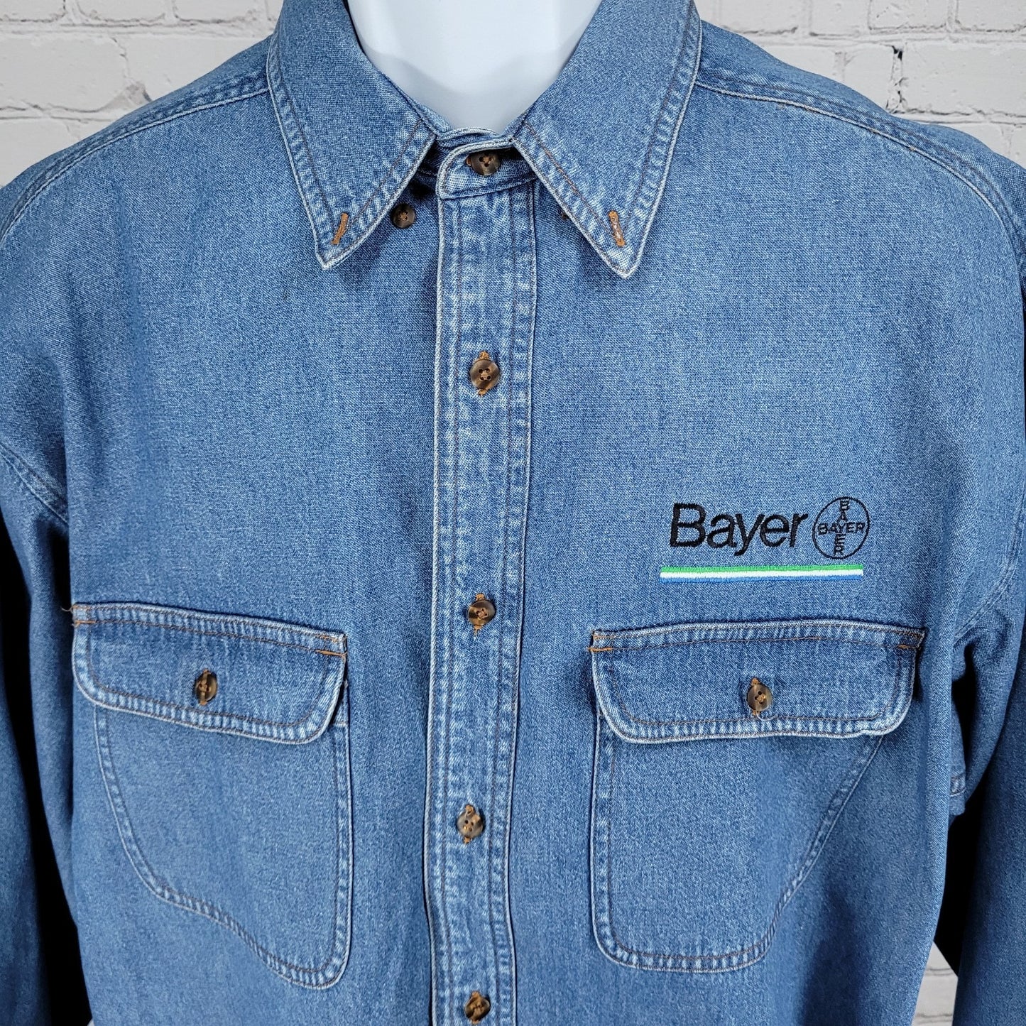 Bayer Aspirin Pharmaceuticals Blue Cotton Denim Long Sleeve Button Down Shirt XL