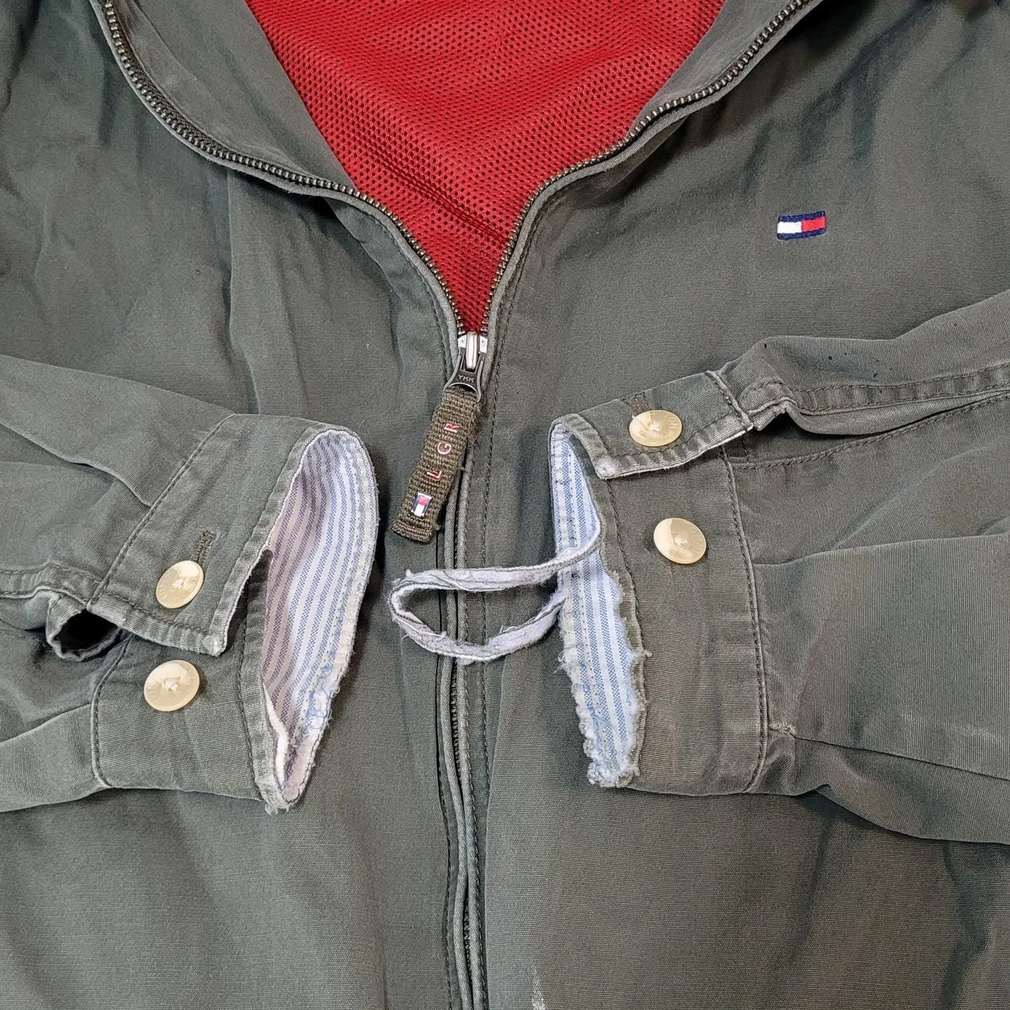 VTG Tommy Hilfiger Green 100% Cotton Mesh Lined Lightweight Zip Jacket Size XL