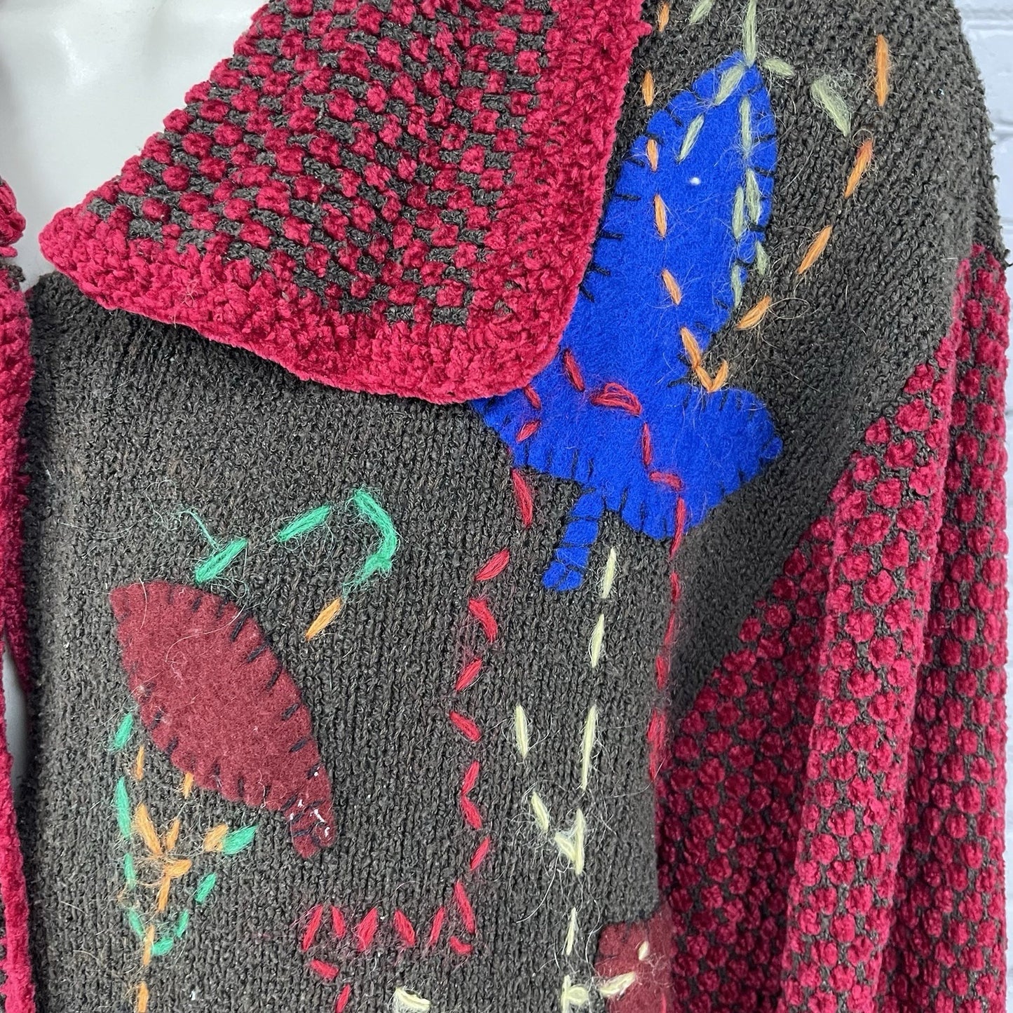 VTG Berek 2 Brown Silk Blend Leaf Embroidered Cardigan Sweater Size Medium M