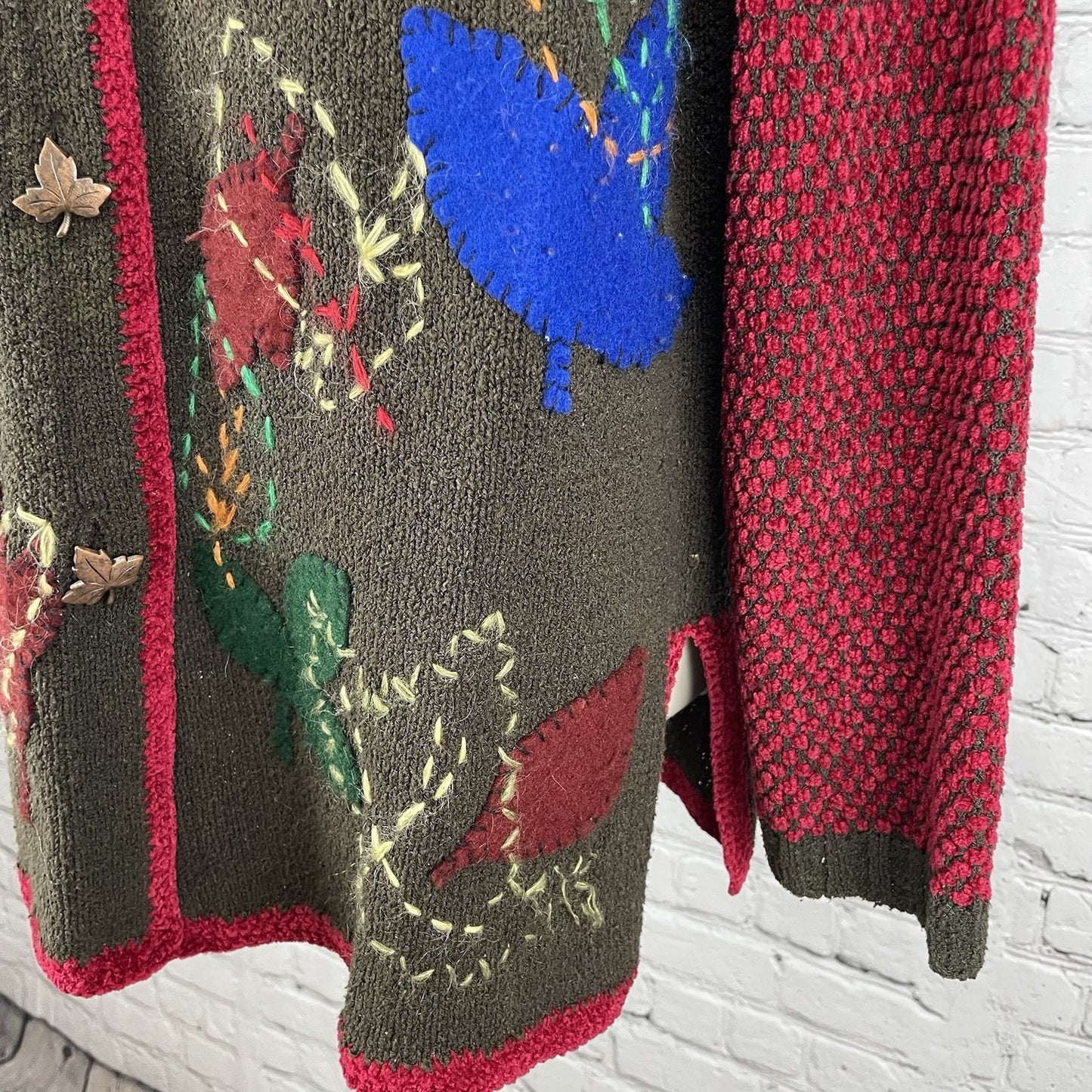 VTG Berek 2 Brown Silk Blend Leaf Embroidered Cardigan Sweater Size Medium M