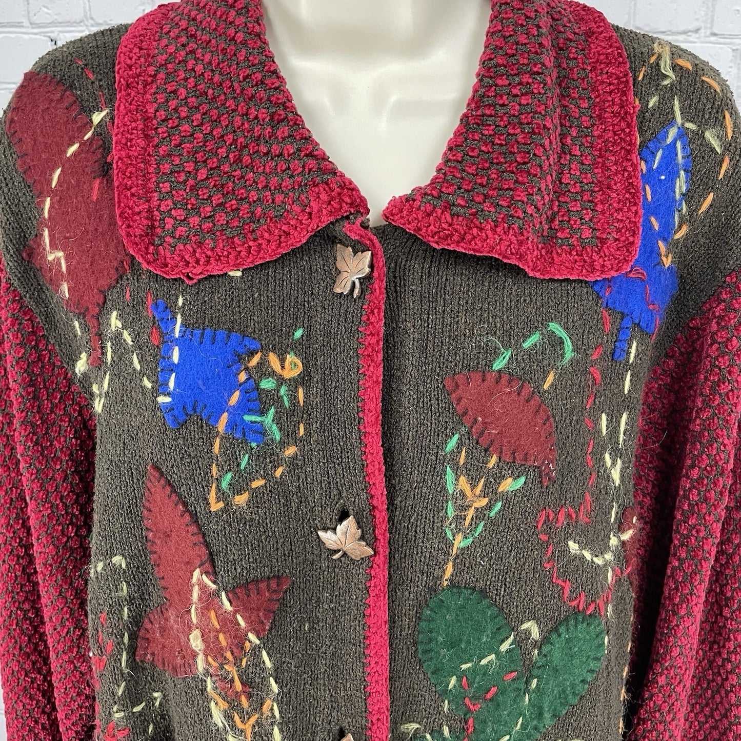 VTG Berek 2 Brown Silk Blend Leaf Embroidered Cardigan Sweater Size Medium M