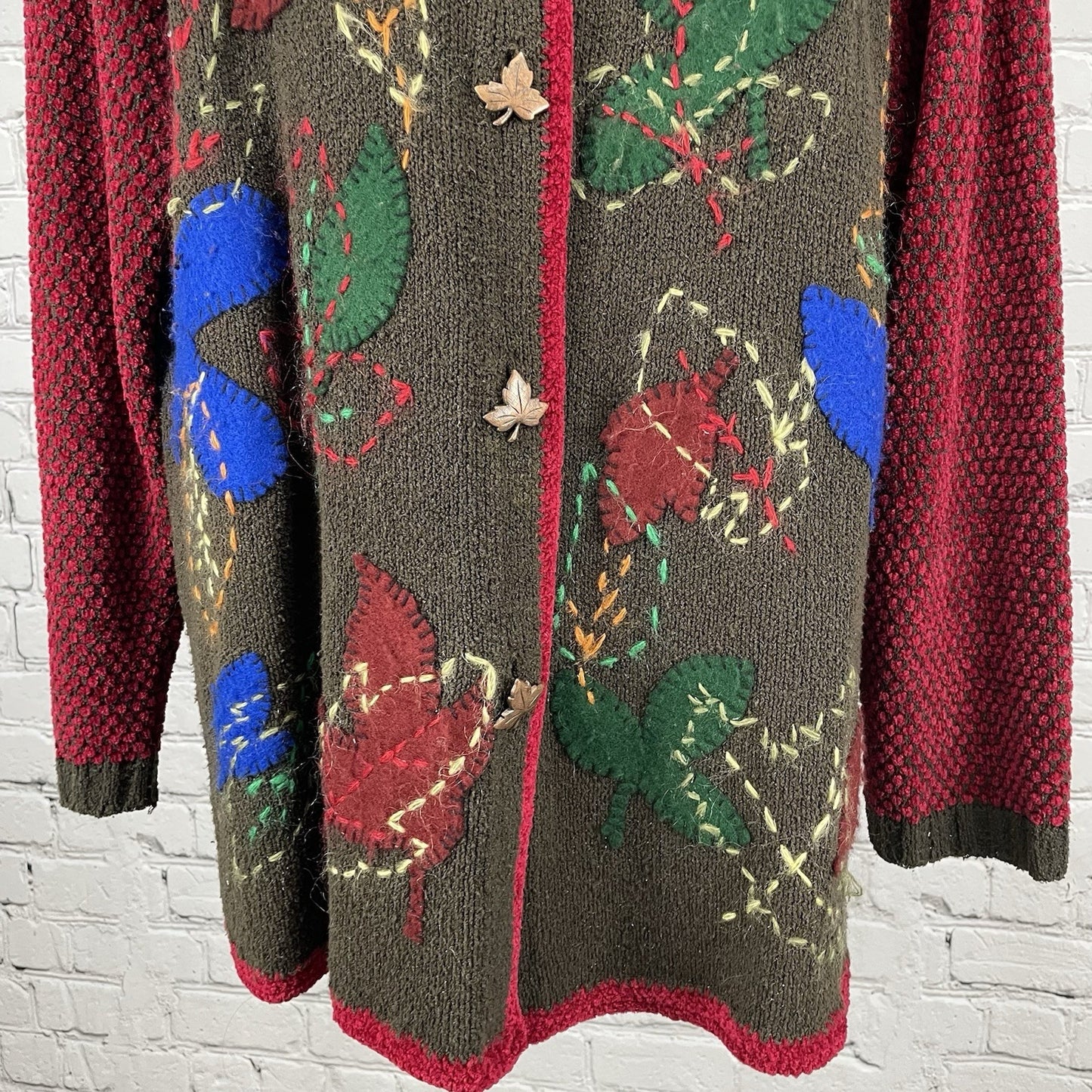 VTG Berek 2 Brown Silk Blend Leaf Embroidered Cardigan Sweater Size Medium M