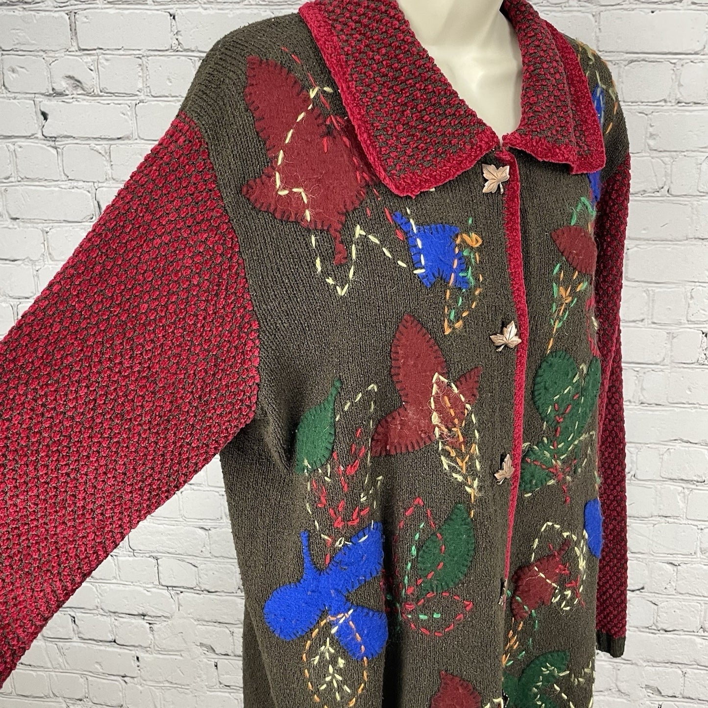 VTG Berek 2 Brown Silk Blend Leaf Embroidered Cardigan Sweater Size Medium M